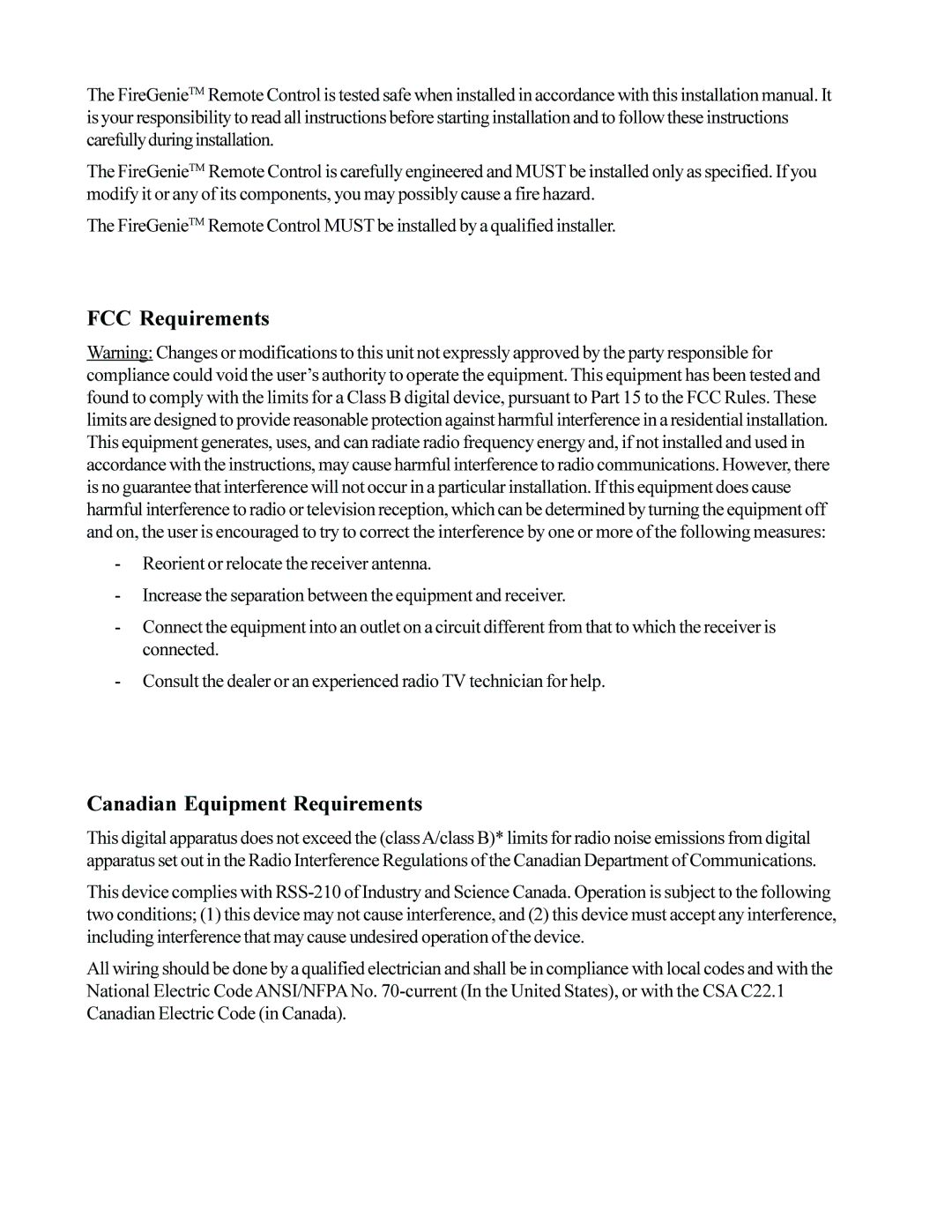 Regency FireGenie operating instructions FCC Requirements 