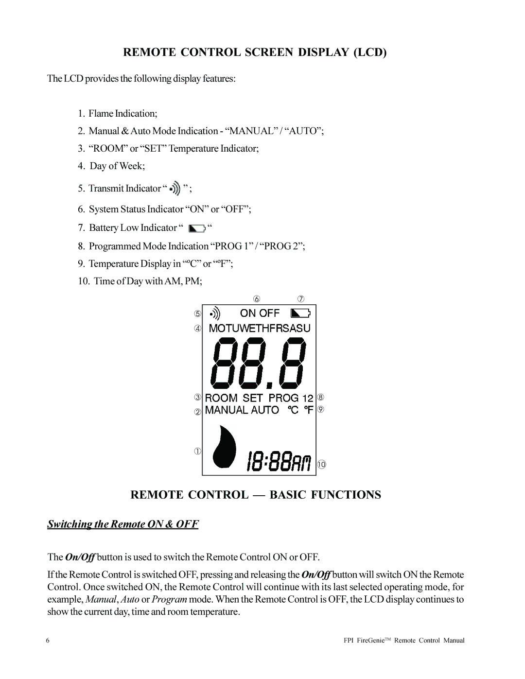 Regency FireGenie Remote Control Screen Display LCD, Remote Control Basic Functions, Switching the Remote on & OFF 