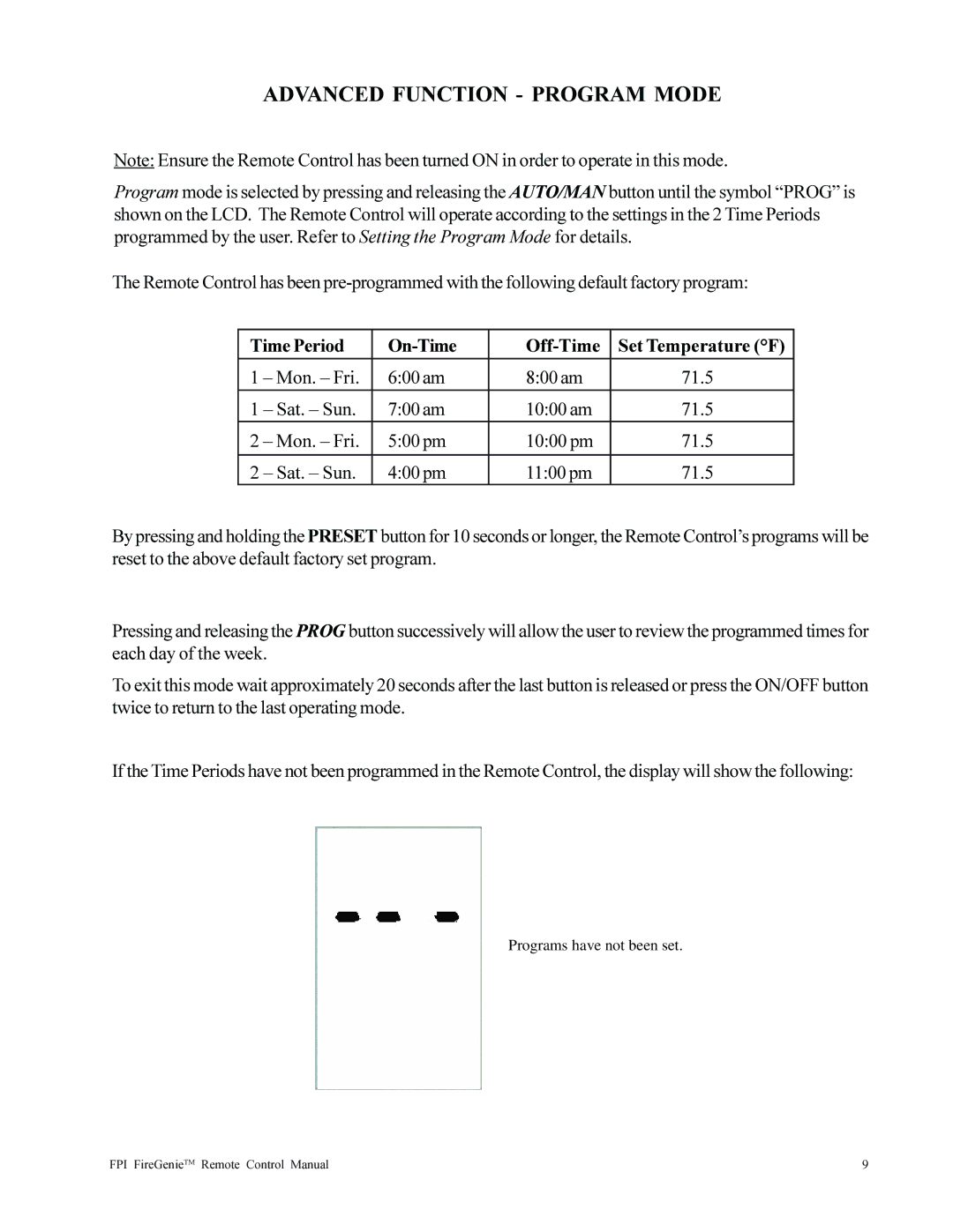 Regency FireGenie operating instructions Advanced Function Program Mode, Time Period On-Time Off-Time 