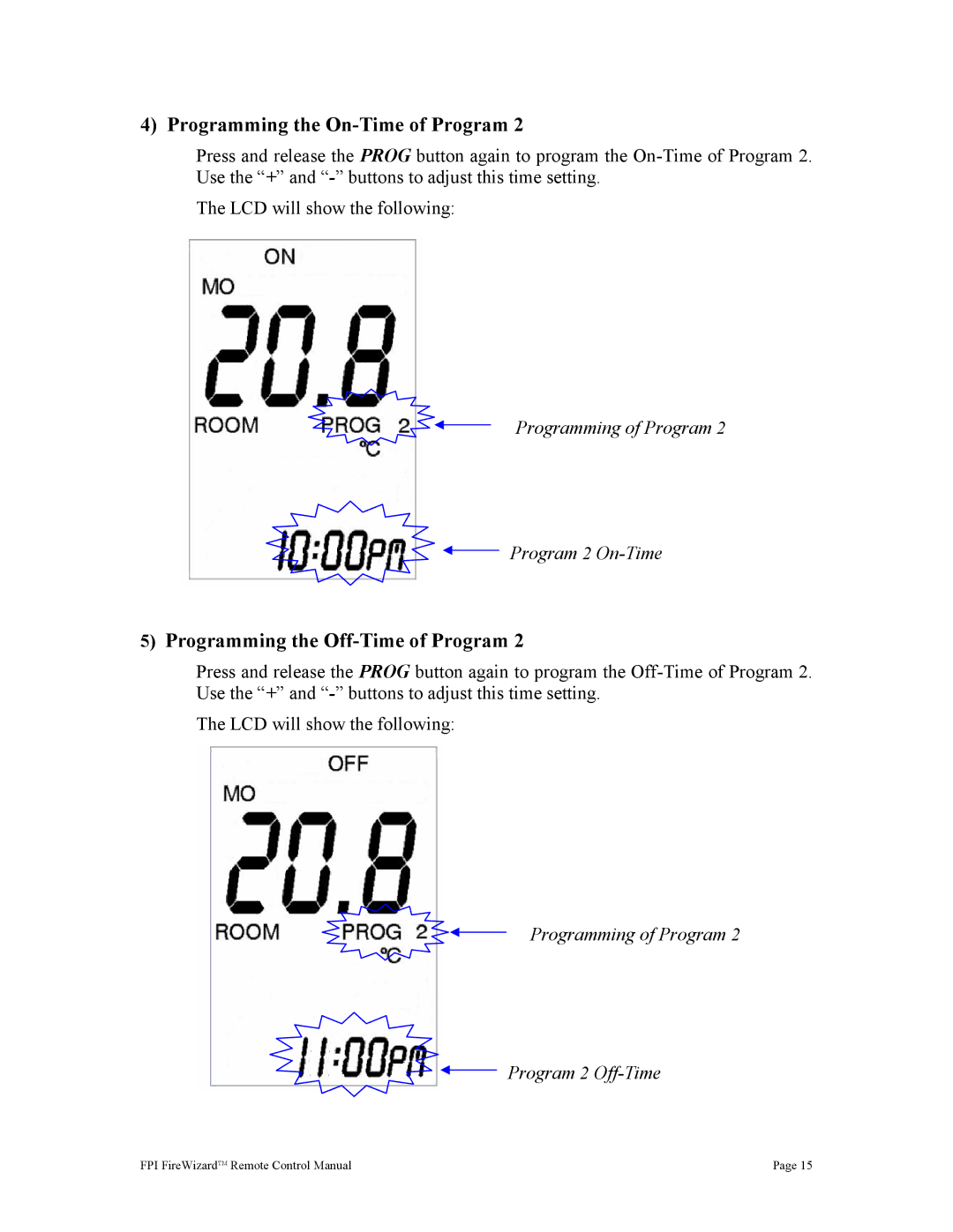 Regency FireWizard Programming of Program Program 2 On-Time, Programming of Program Program 2 Off-Time 