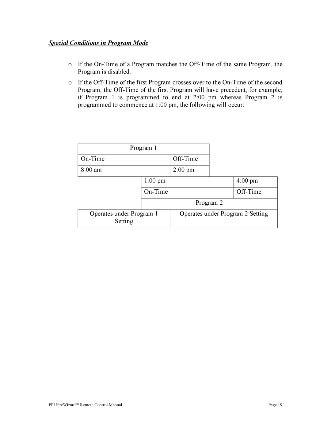 Regency FireWizard operating instructions Special Conditions in Program Mode 