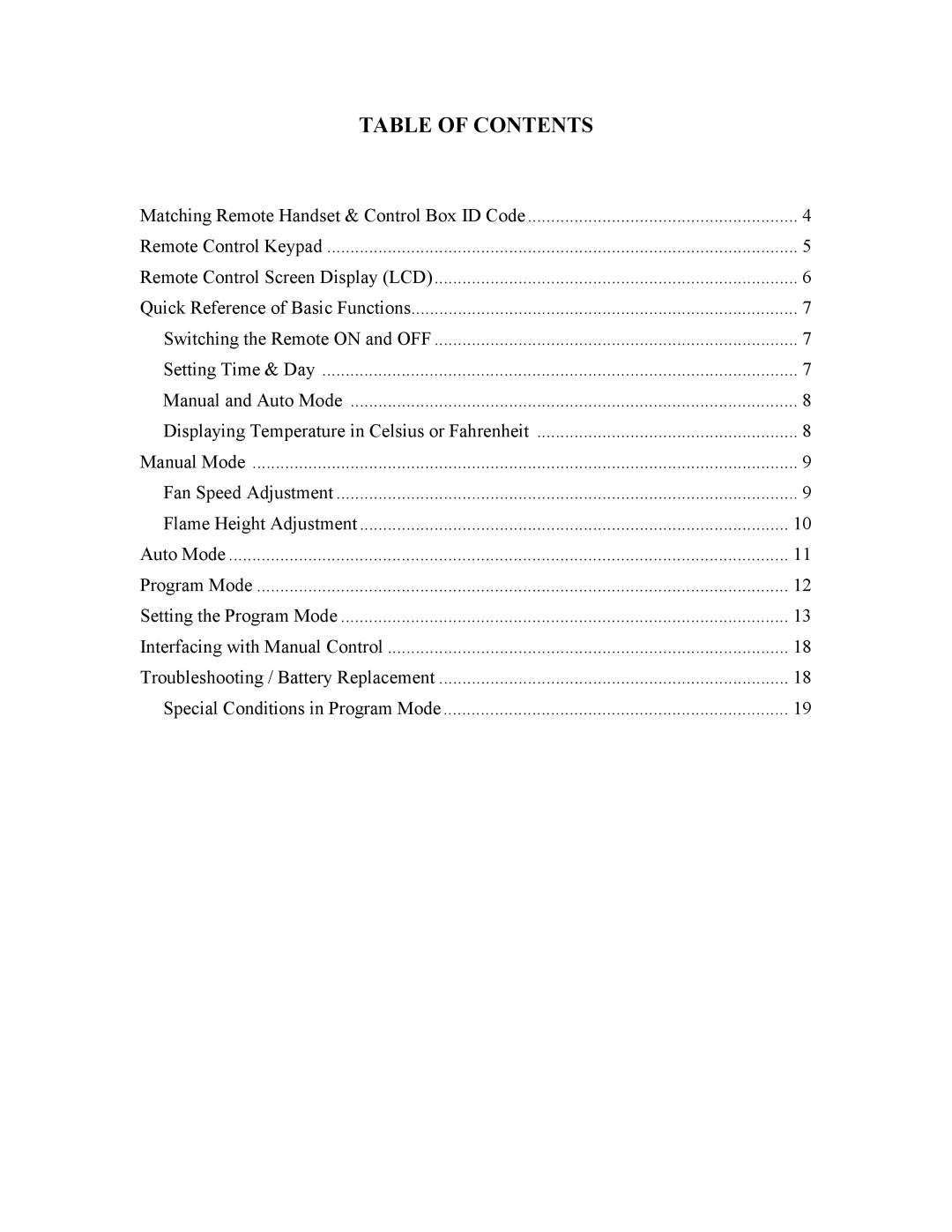 Regency FireWizard operating instructions Table of Contents 