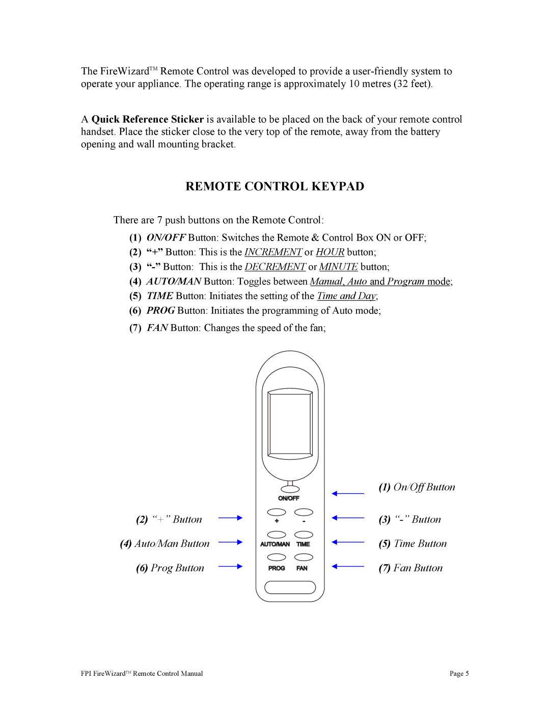 Regency FireWizard operating instructions Remote Control Keypad, There are 7 push buttons on the Remote Control 