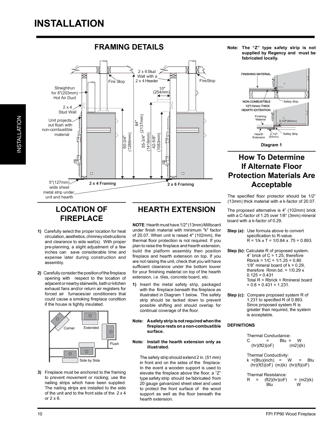 Regency FP90 installation manual Framing Details, Hearth Extension 