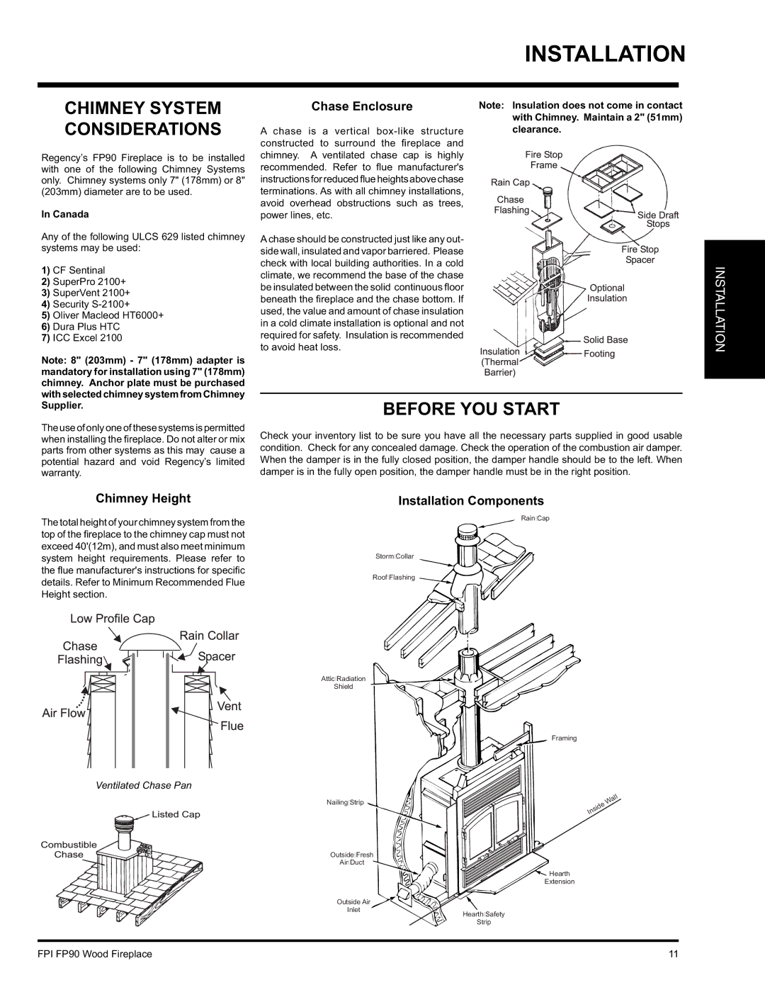 Regency FP90 Before YOU Start, Chimney System Considerations, Chase Enclosure, Chimney Height, Installation Components 