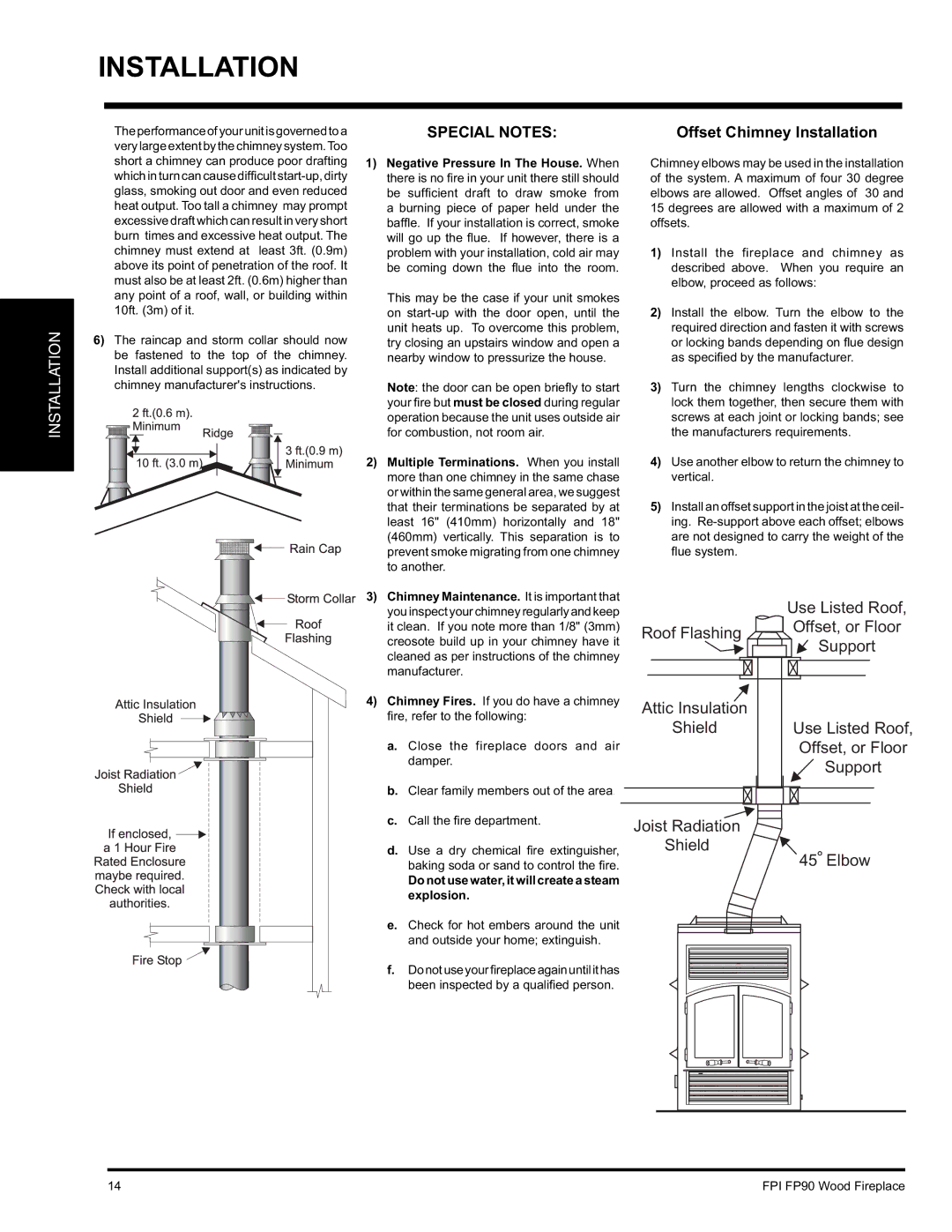 Regency FP90 installation manual Special Notes, Offset Chimney Installation 