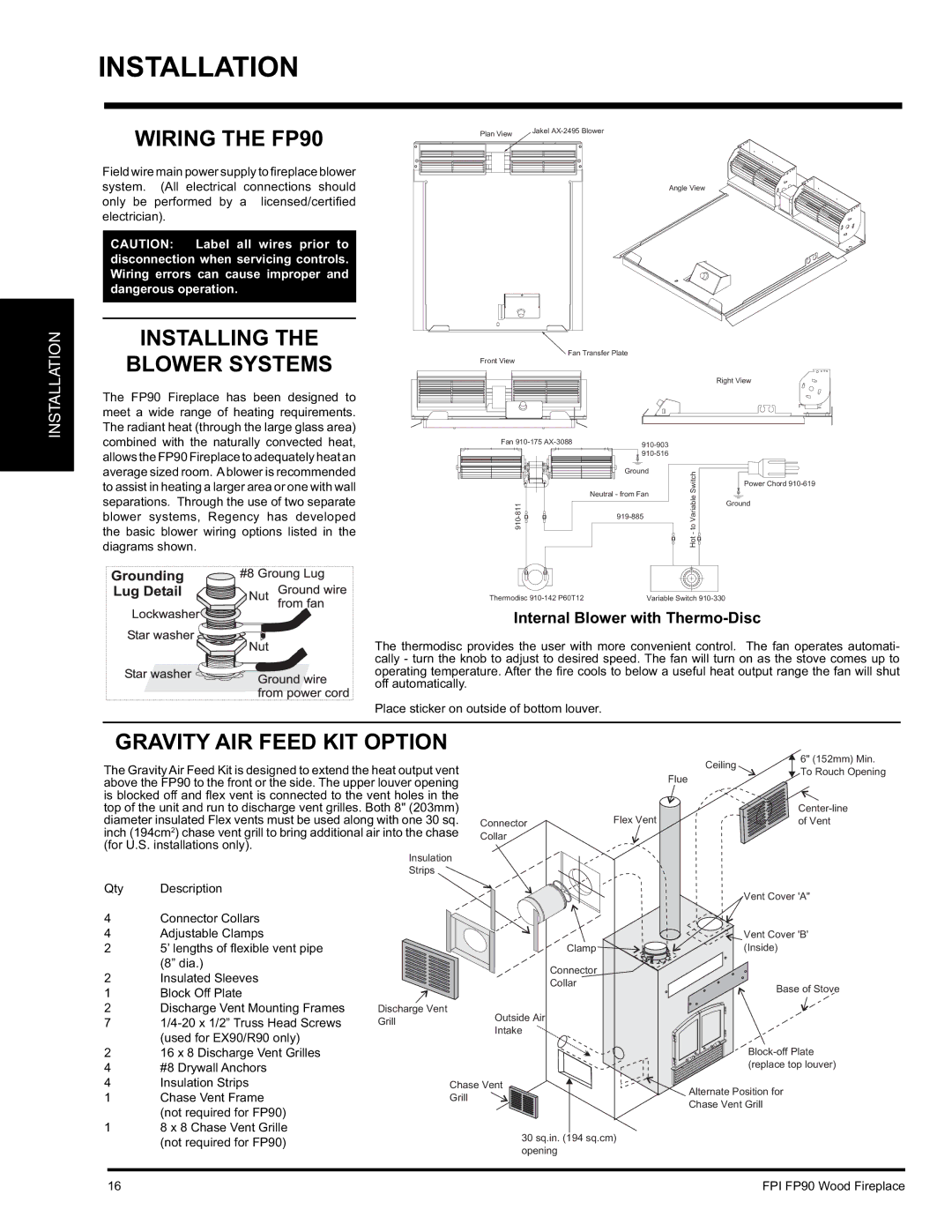 Regency Wiring the FP90, Installing Blower Systems, Gravity AIR Feed KIT Option, Internal Blower with Thermo-Disc 