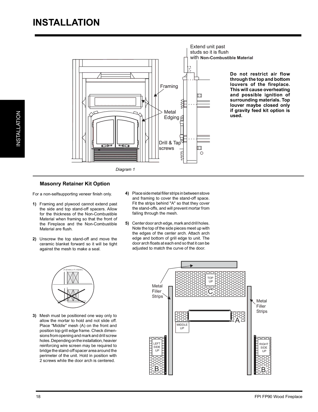 Regency FP90 installation manual Masonry Retainer Kit Option 