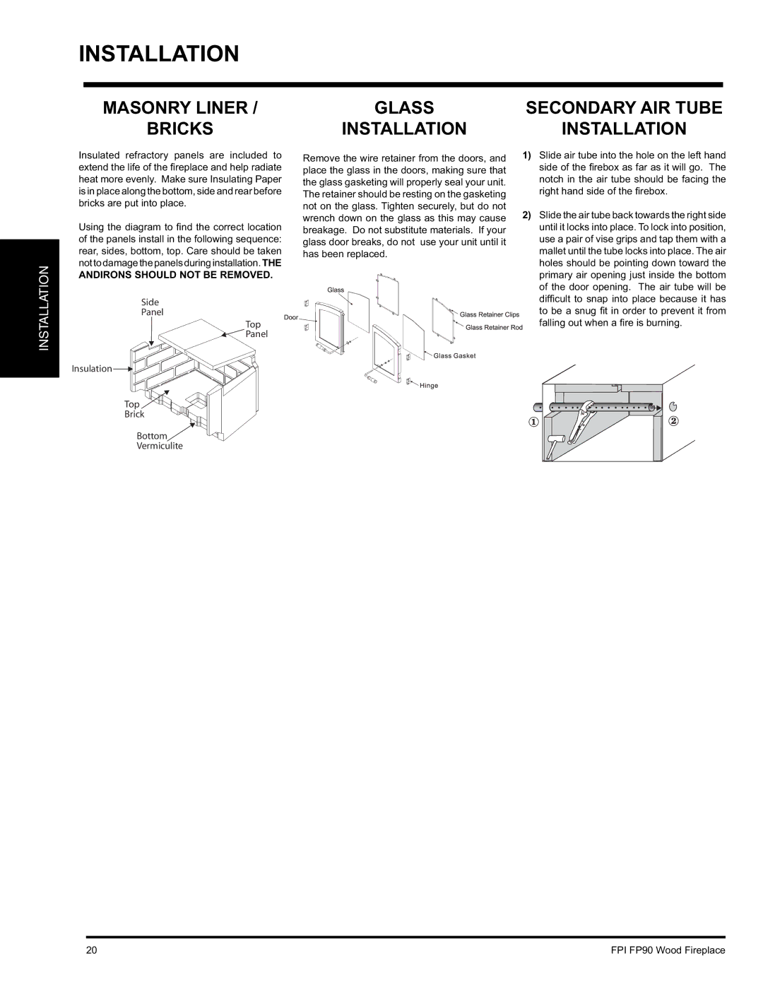 Regency FP90 installation manual Masonry Liner Bricks, Glass Secondary AIR Tube Installation 