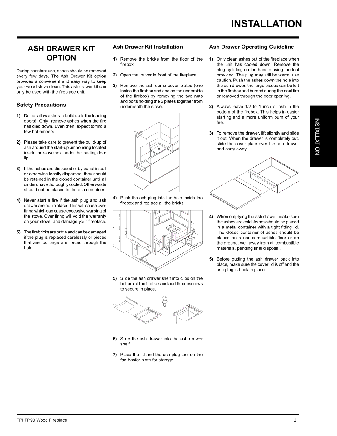 Regency FP90 installation manual ASH Drawer KIT, Option, Ash Drawer Kit Installation, Safety Precautions 