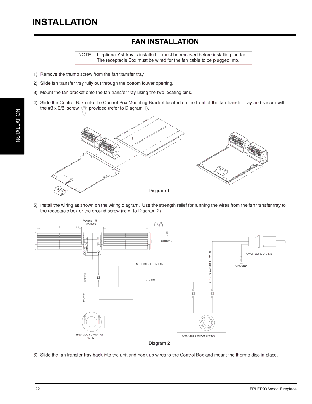 Regency FP90 installation manual FAN Installation, Diagram 