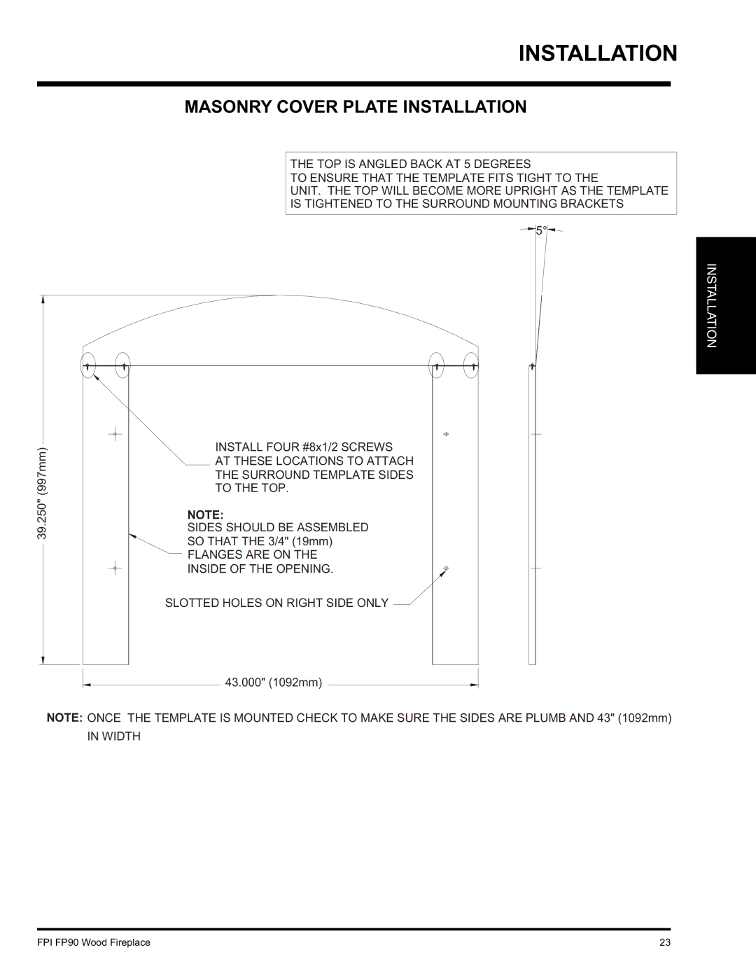 Regency FP90 installation manual Masonry Cover Plate Installation 