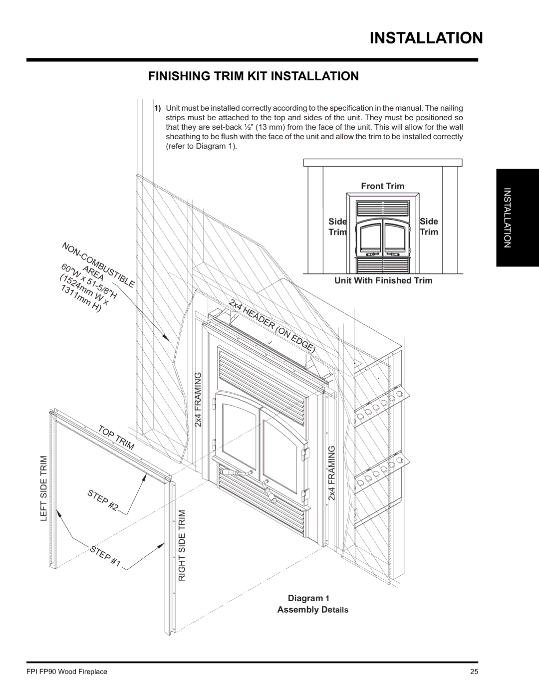 Regency FP90 installation manual Finishing Trim KIT Installation, 60W xAREA 