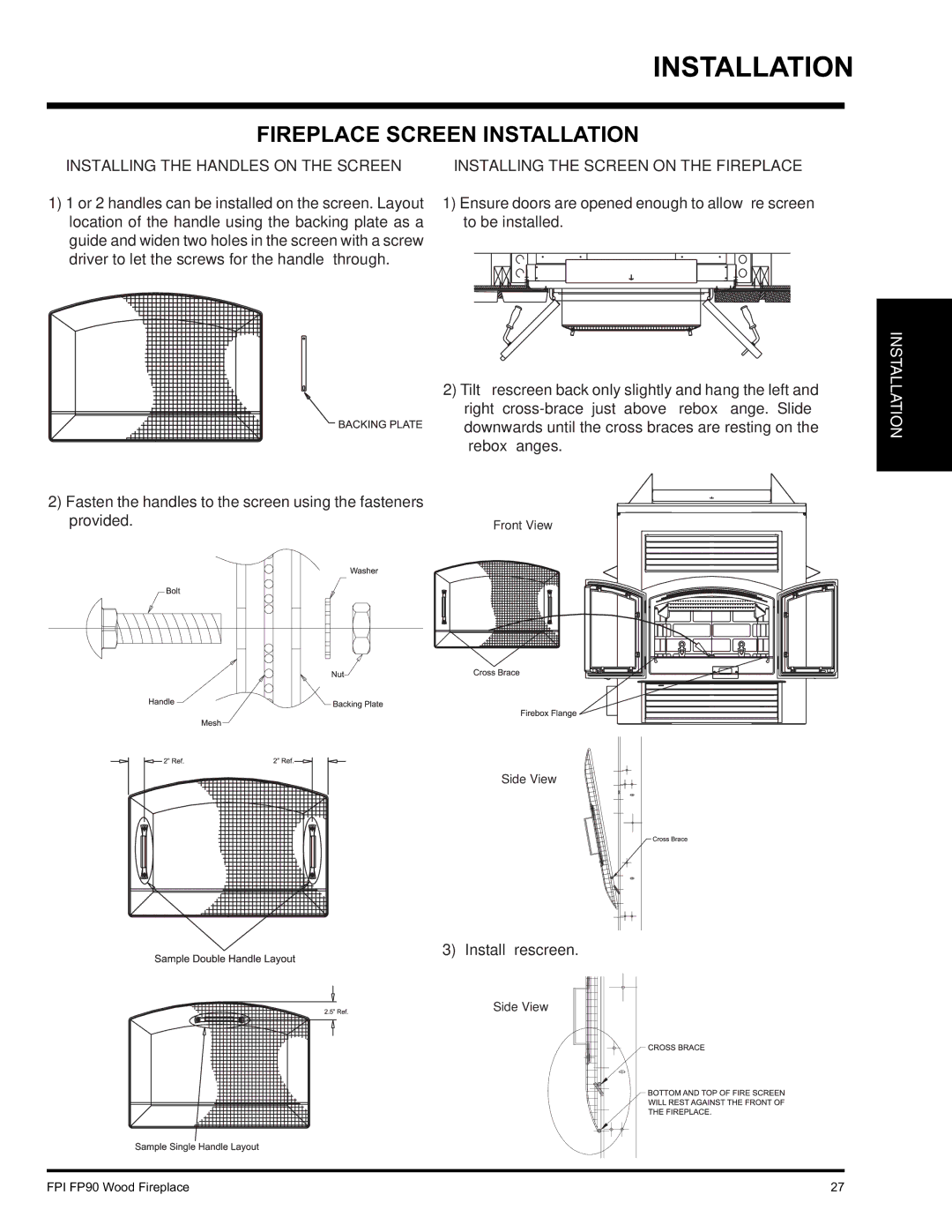 Regency FP90 installation manual Fireplace Screen Installation, Installing the Handles on the Screen 