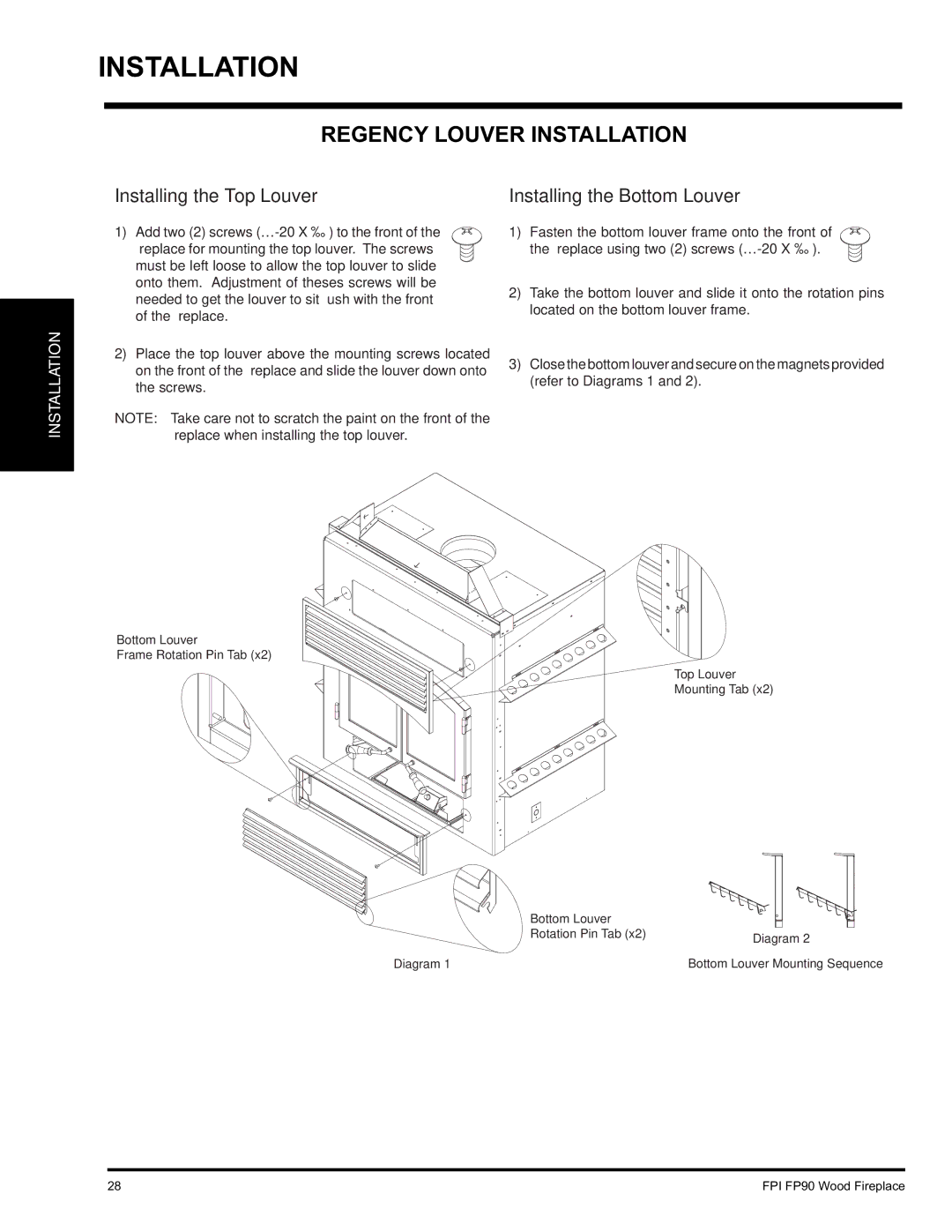 Regency FP90 installation manual Regency Louver Installation, Installing the Top Louver Installing the Bottom Louver 