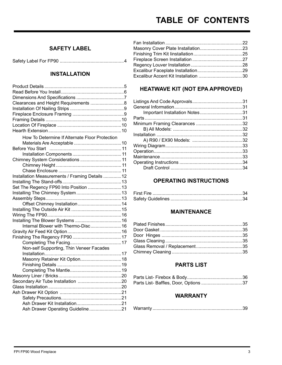 Regency FP90 installation manual Table of Contents 