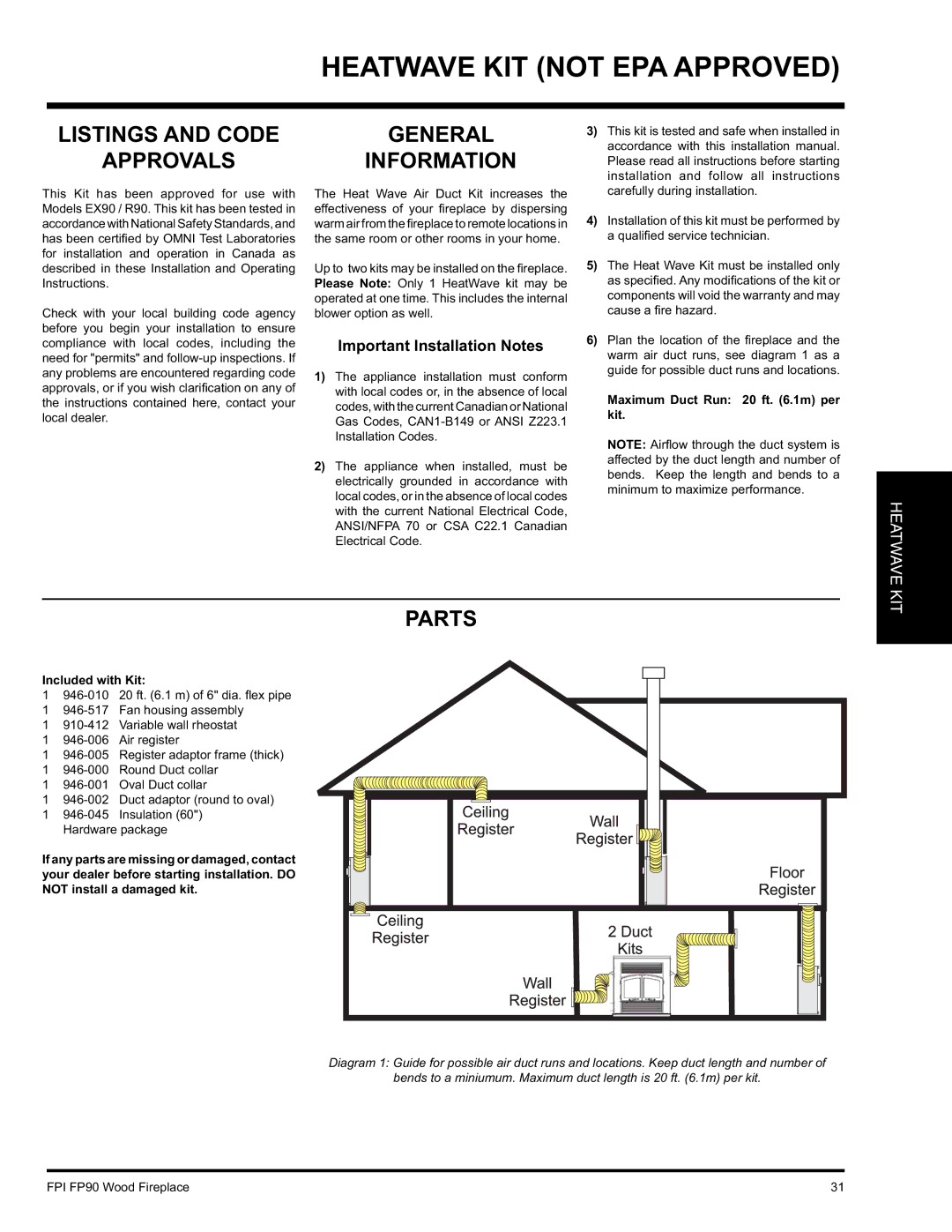 Regency FP90 installation manual Heatwave KIT not EPA Approved, General, Listings and Code, Approvals Information, Parts 