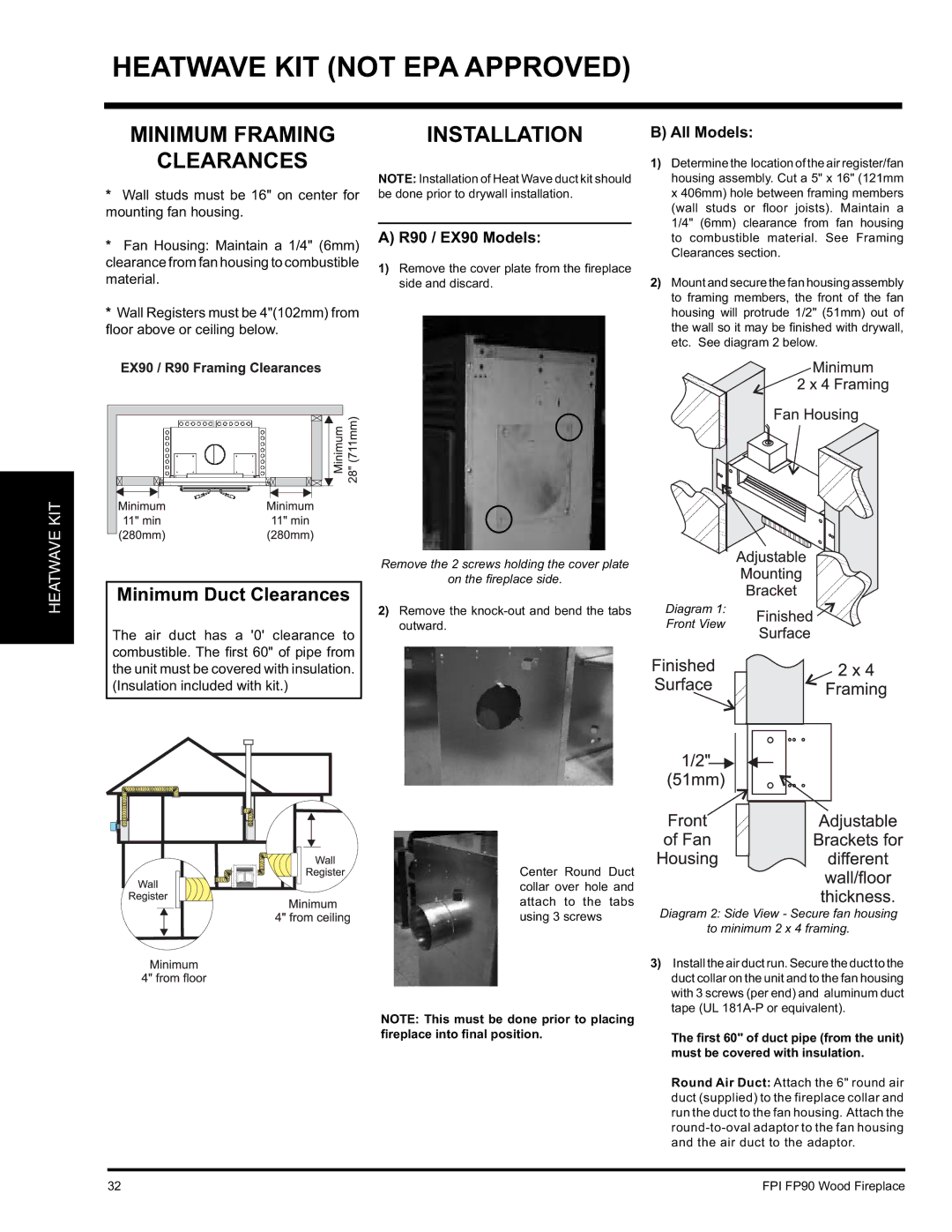 Regency FP90 installation manual Minimum Framing Clearances, Installation, R90 / EX90 Models, All Models 