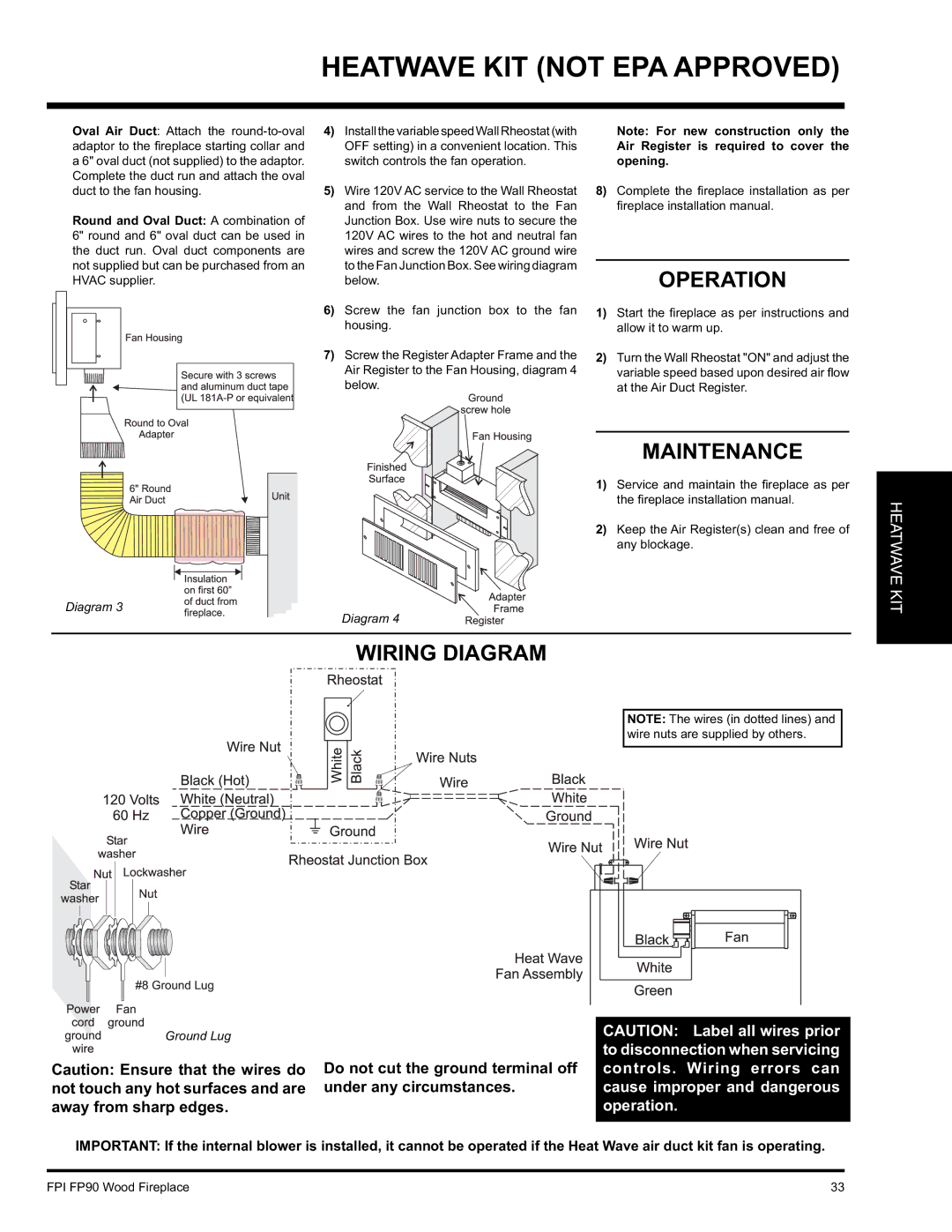 Regency FP90 installation manual Operation, Maintenance, Wiring Diagram 