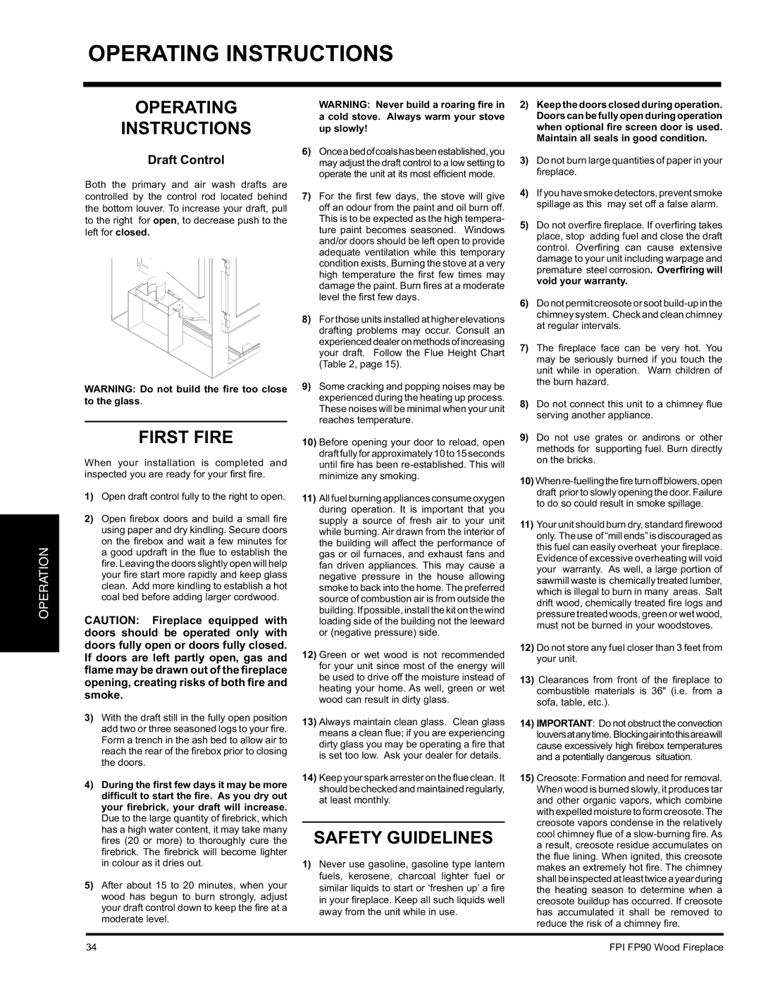 Regency FP90 installation manual Operating Instructions, First Fire, Safety Guidelines, Draft Control 