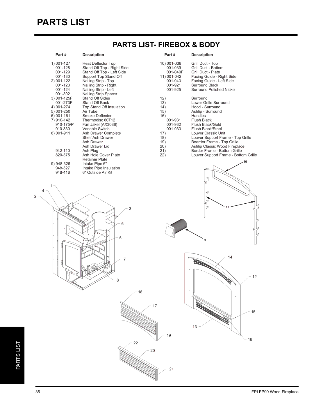 Regency FP90 installation manual Parts List, Parts LIST- Firebox & Body 