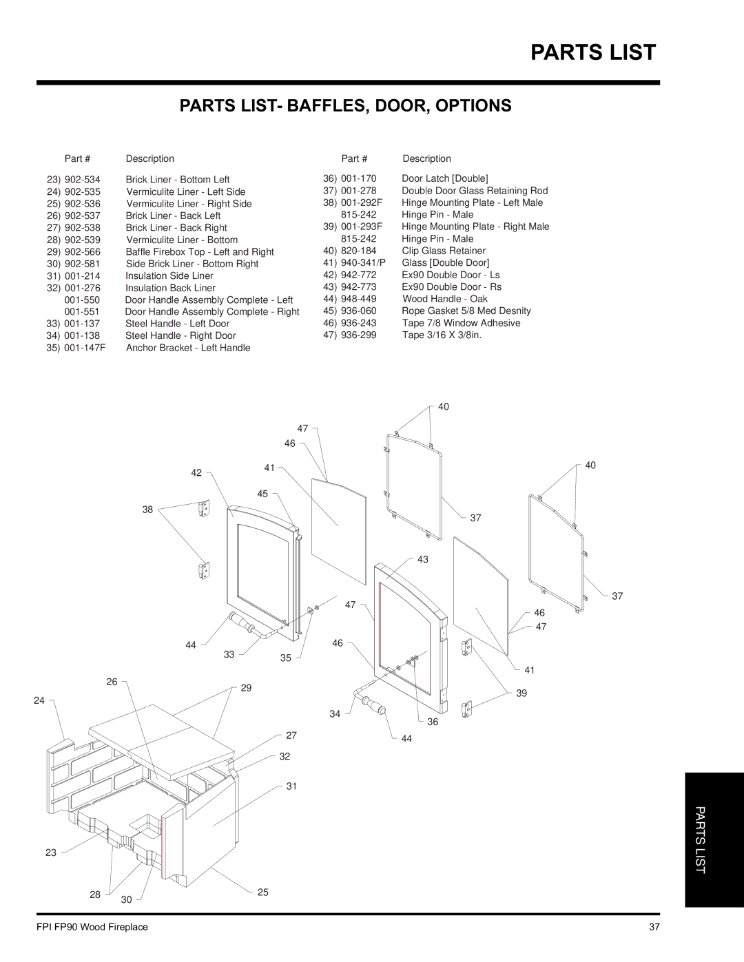 Regency FP90 installation manual Parts LIST- BAFFLES, DOOR, Options 