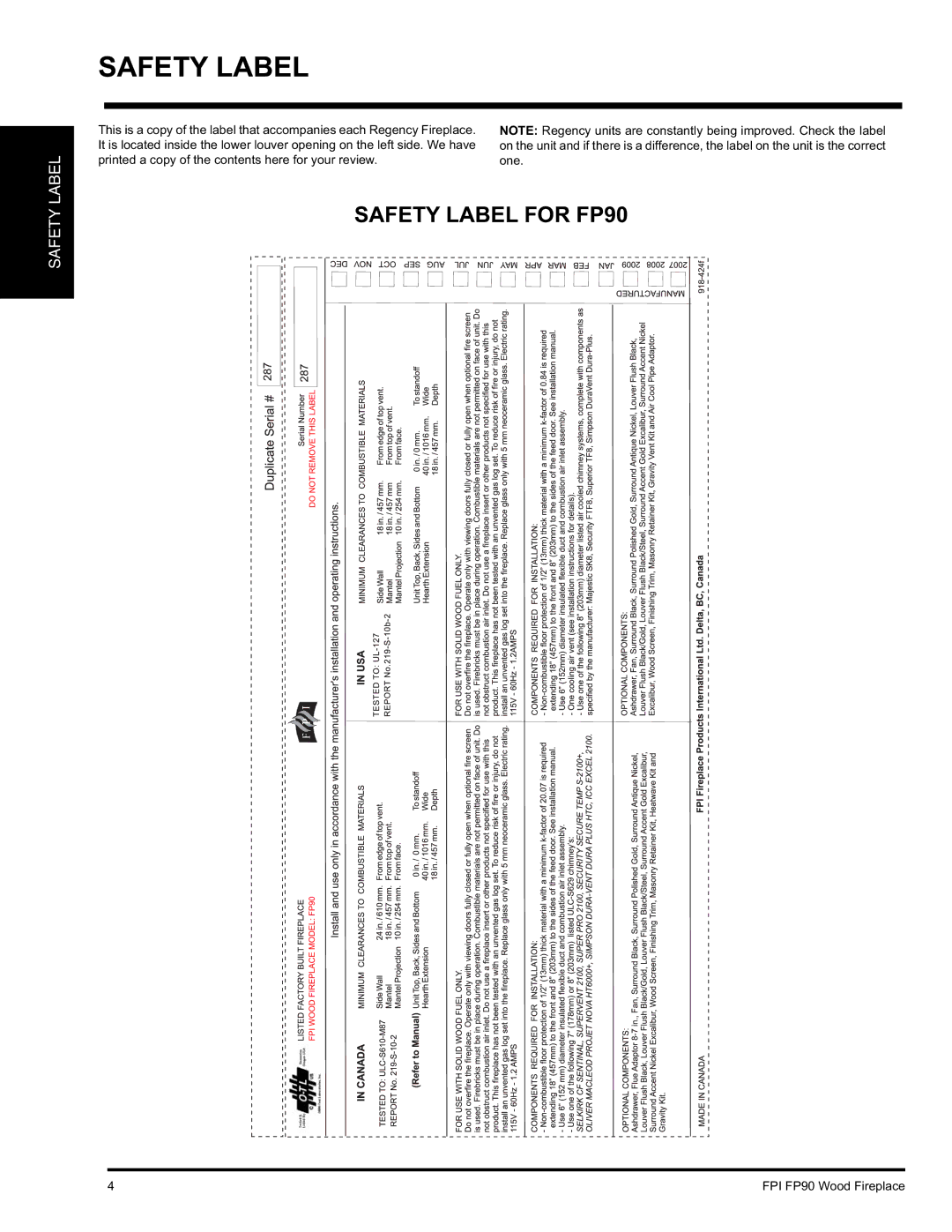 Regency installation manual Safety Label for FP90 