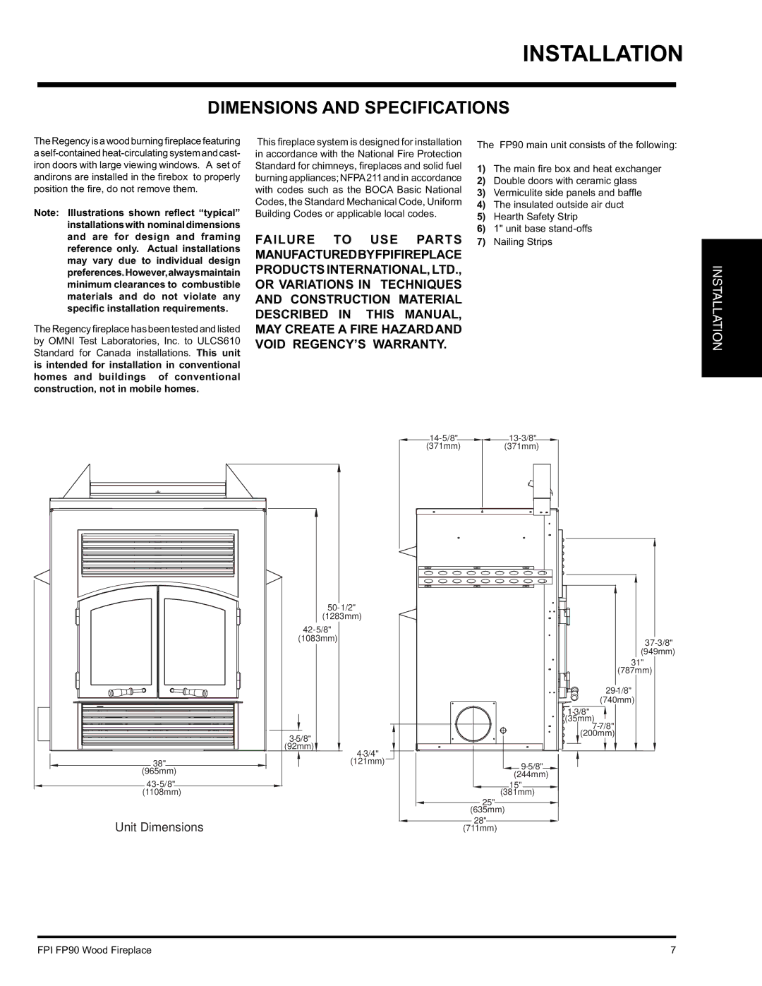 Regency FP90 installation manual Dimensions and Specifications 