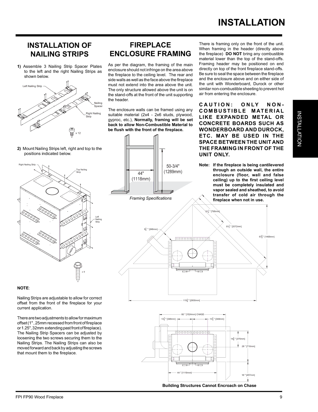 Regency FP90 installation manual Fireplace Enclosure Framing, Installation of Nailing Strips 