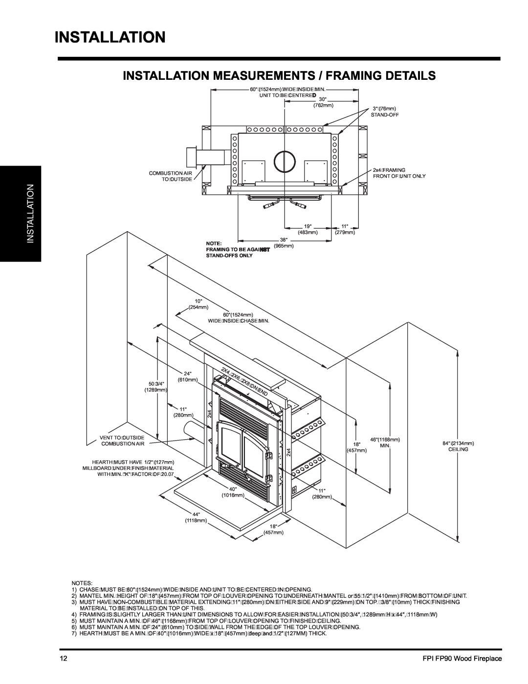 Regency installation manual Installation Measurements / Framing Details, FPI FP90 Wood Fireplace 