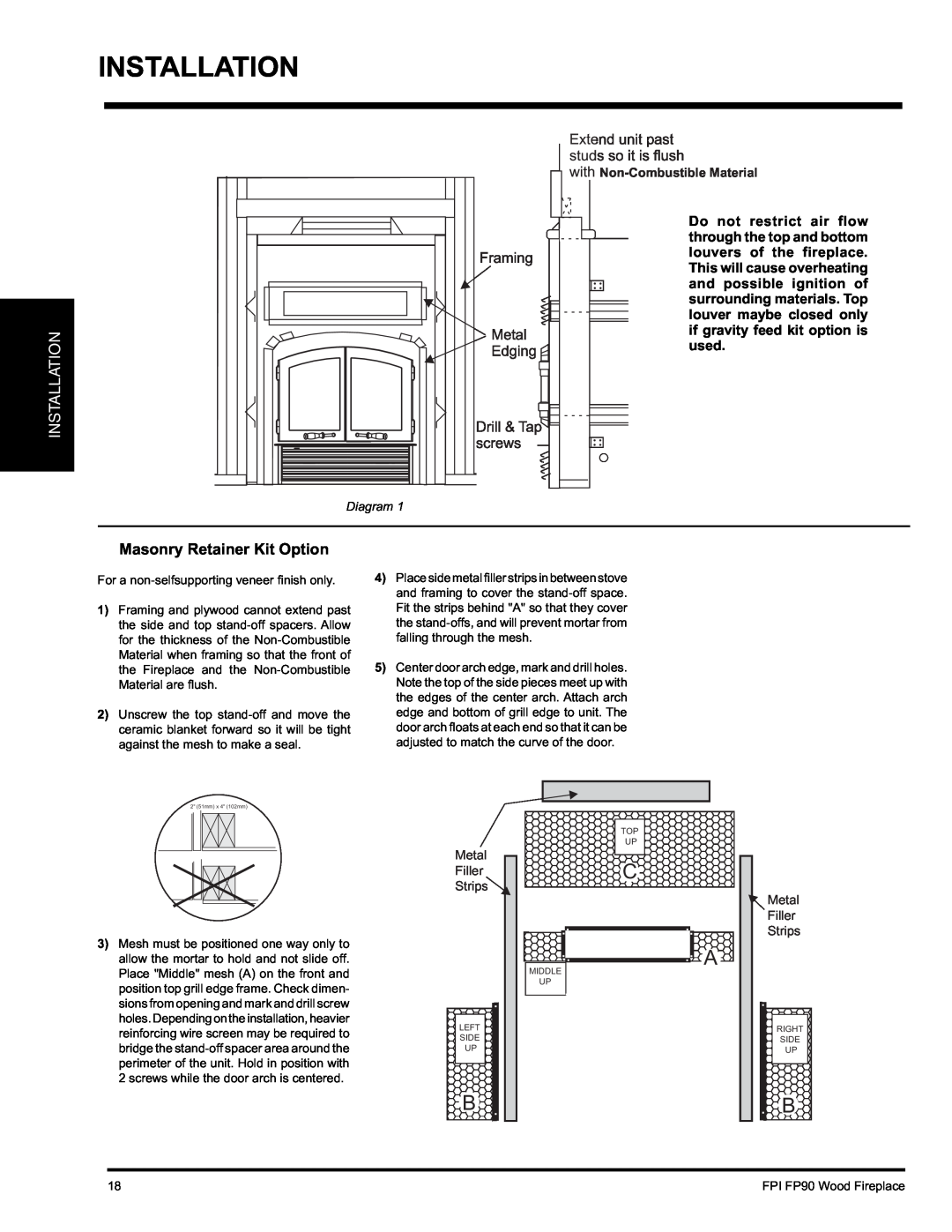 Regency FP90 installation manual Installation, Masonry Retainer Kit Option, Non-CombustibleMaterial 