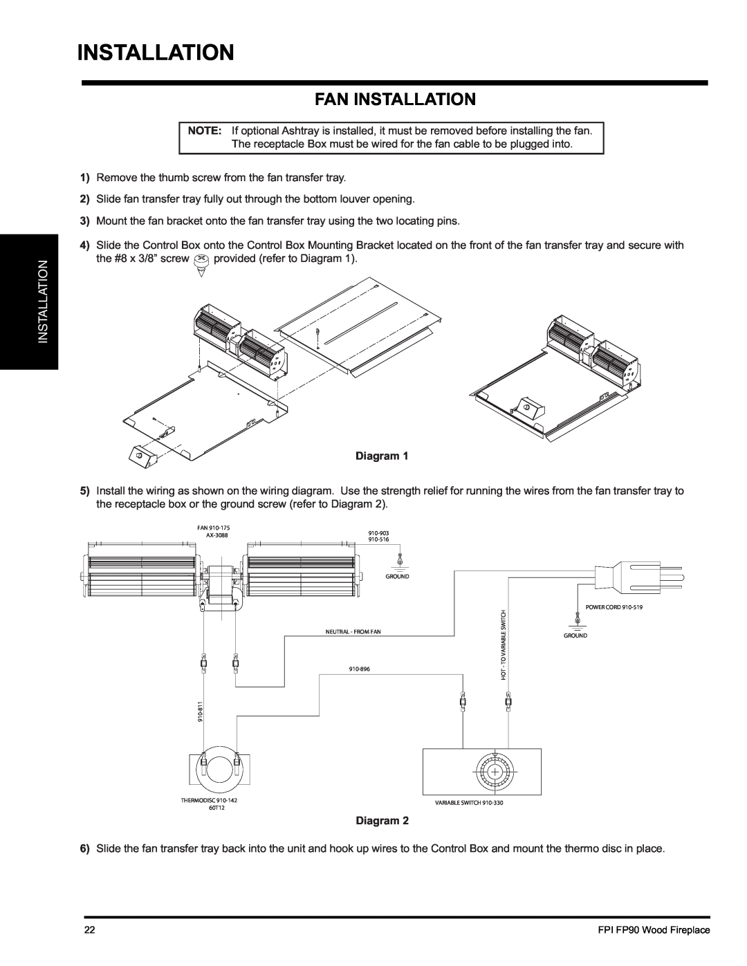 Regency FP90 installation manual Fan Installation, Diagram 