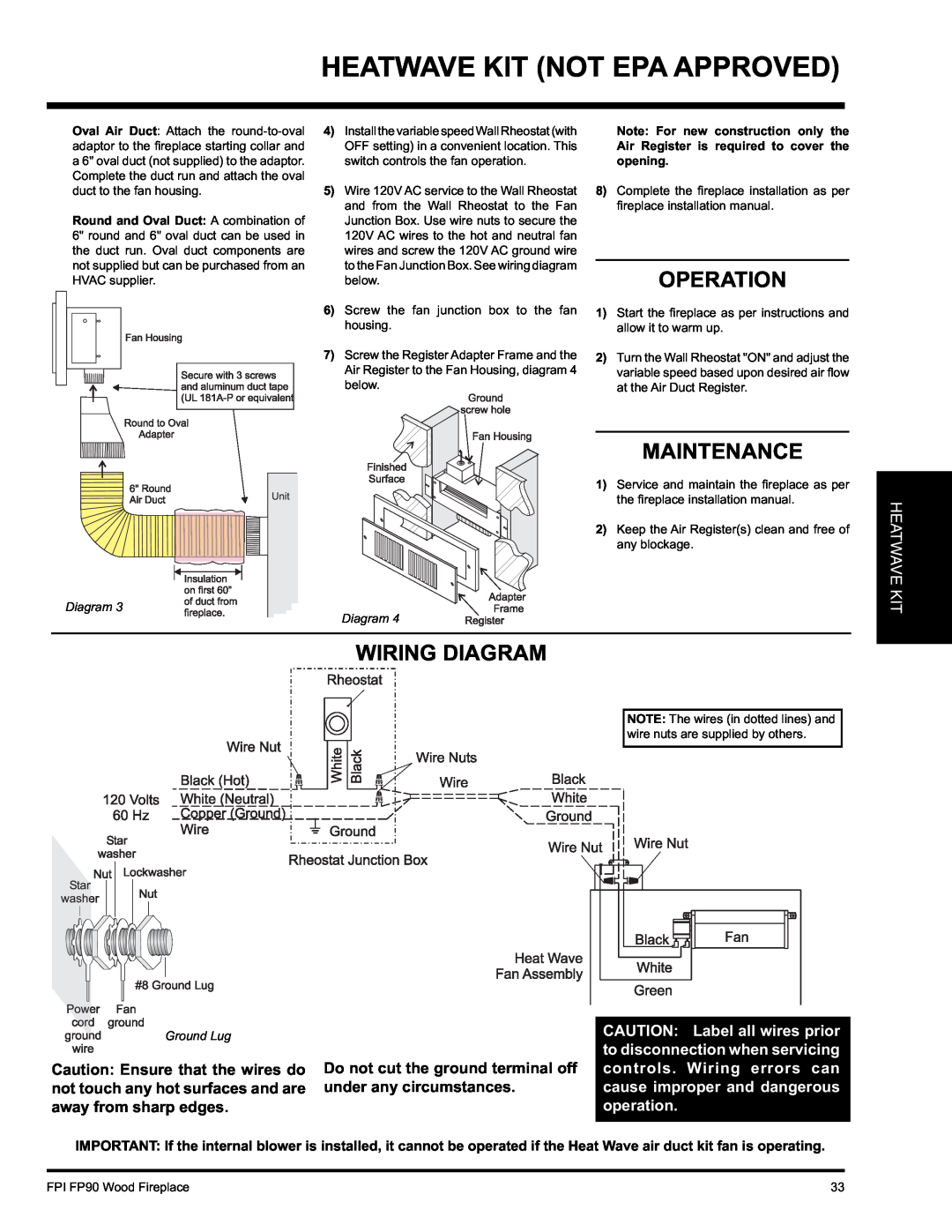 Regency FP90 installation manual Operation, Maintenance, Wiring Diagram, Heatwave 
