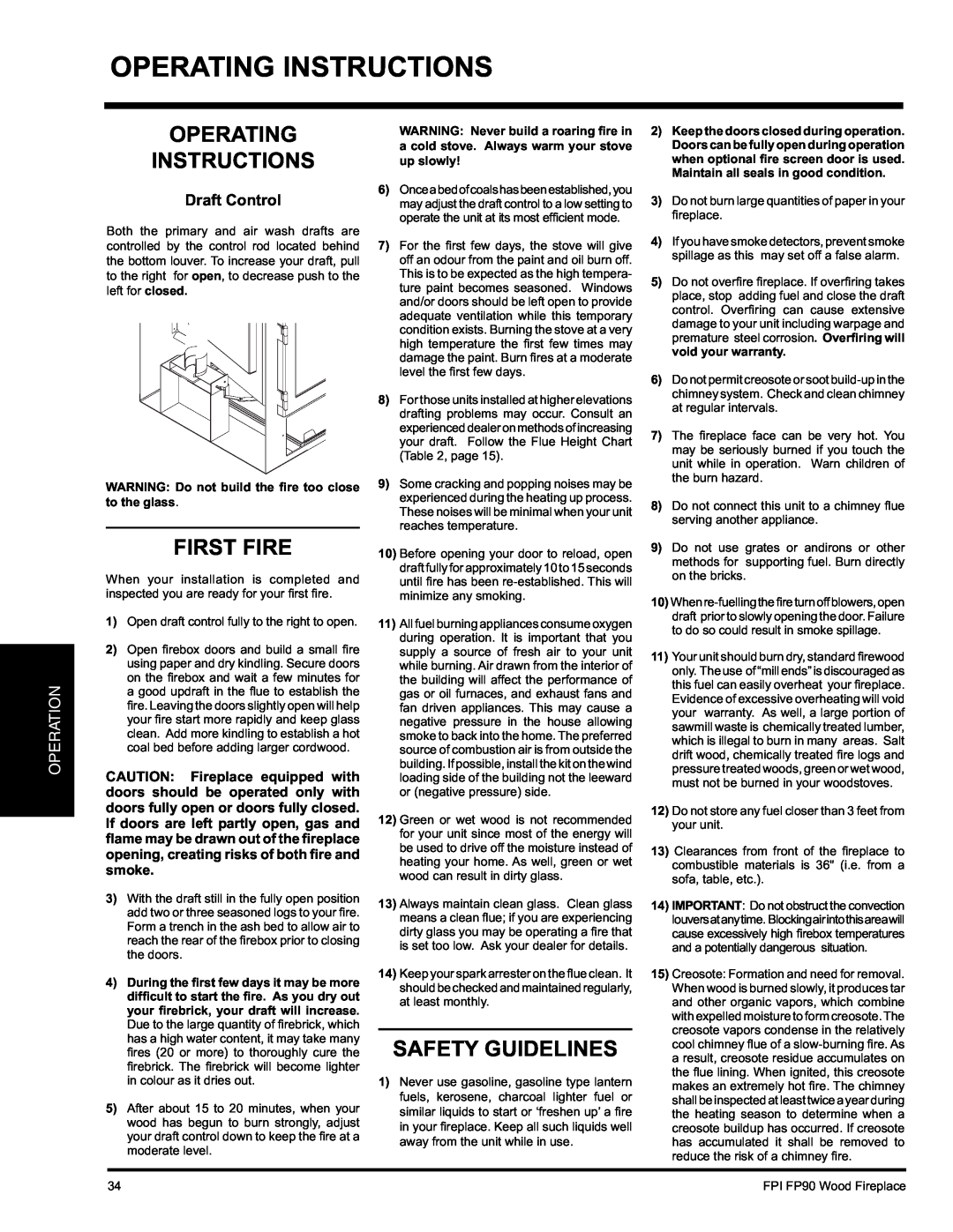 Regency FP90 installation manual Operating Instructions, First Fire, Safety Guidelines, Operation, Draft Control 