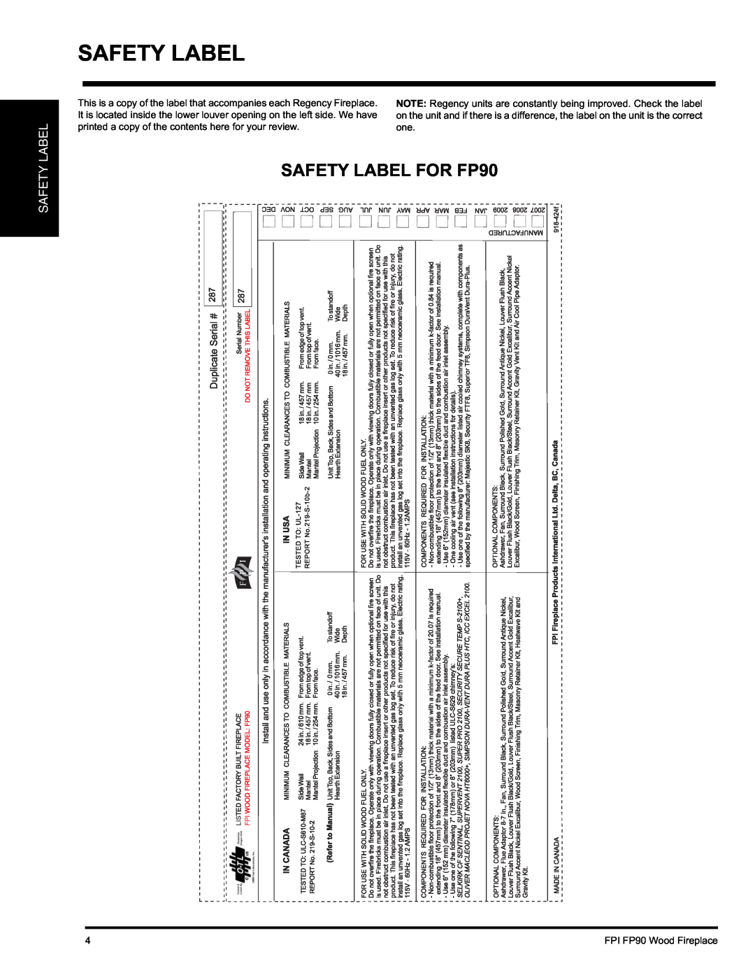 Regency installation manual Safety Label, SAFETY LABEL FOR FP90 