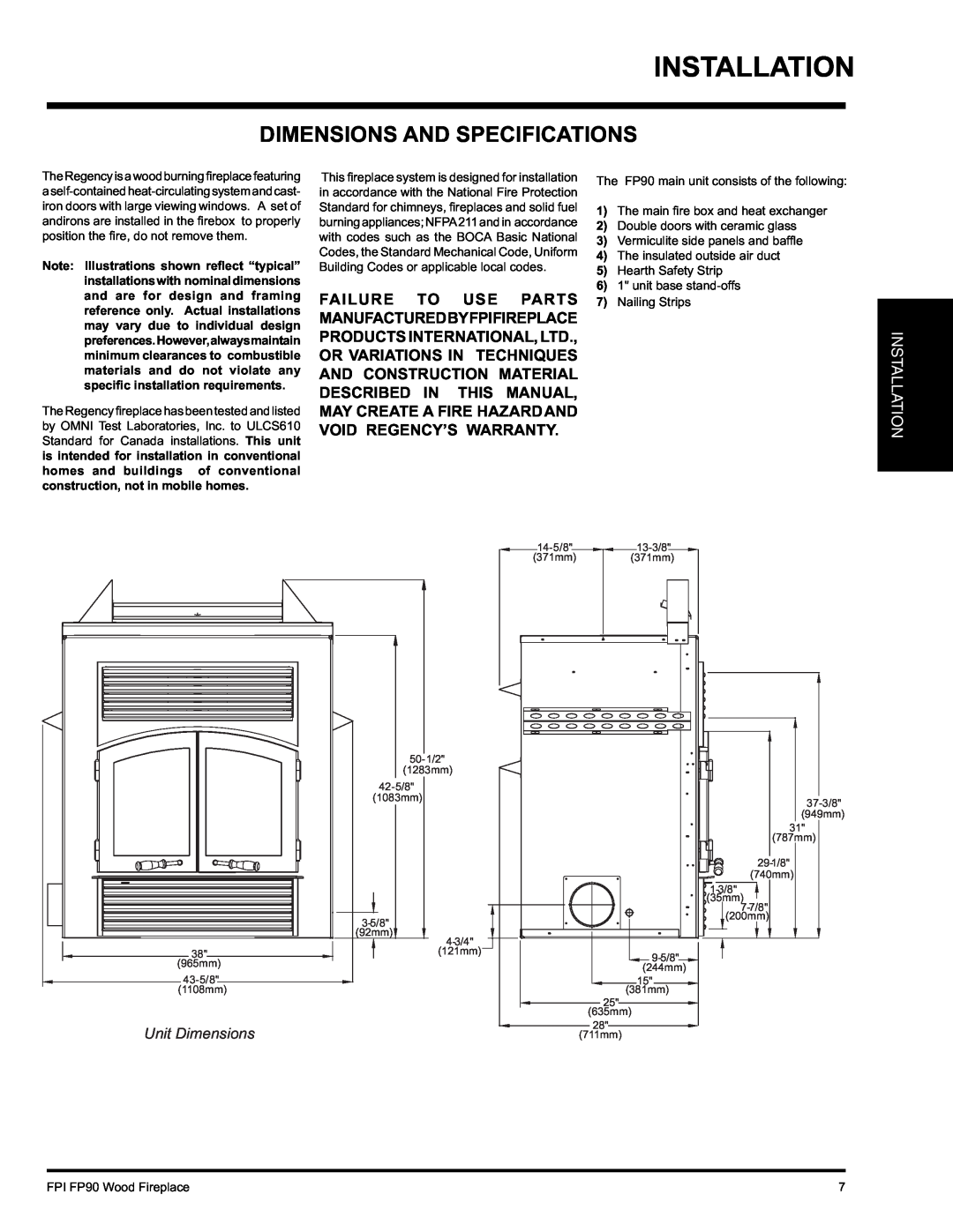 Regency FP90 installation manual Dimensions And Specifications, Installation, Unit Dimensions 