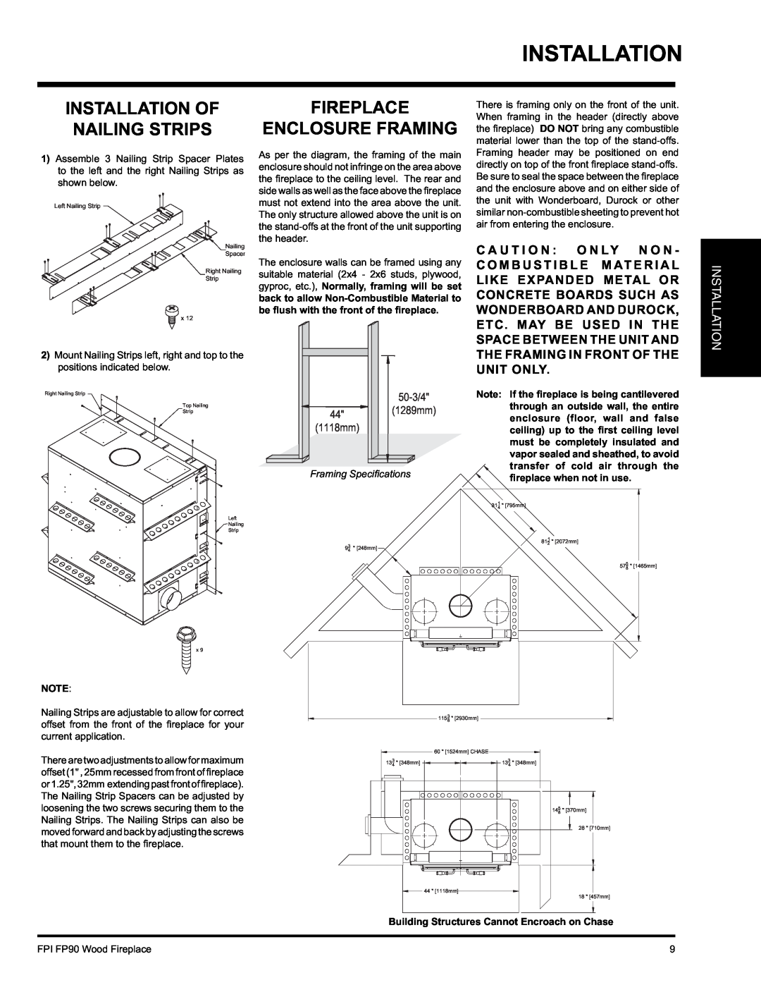 Regency FP90 installation manual Fireplace Enclosure Framing, Installation Of Nailing Strips 
