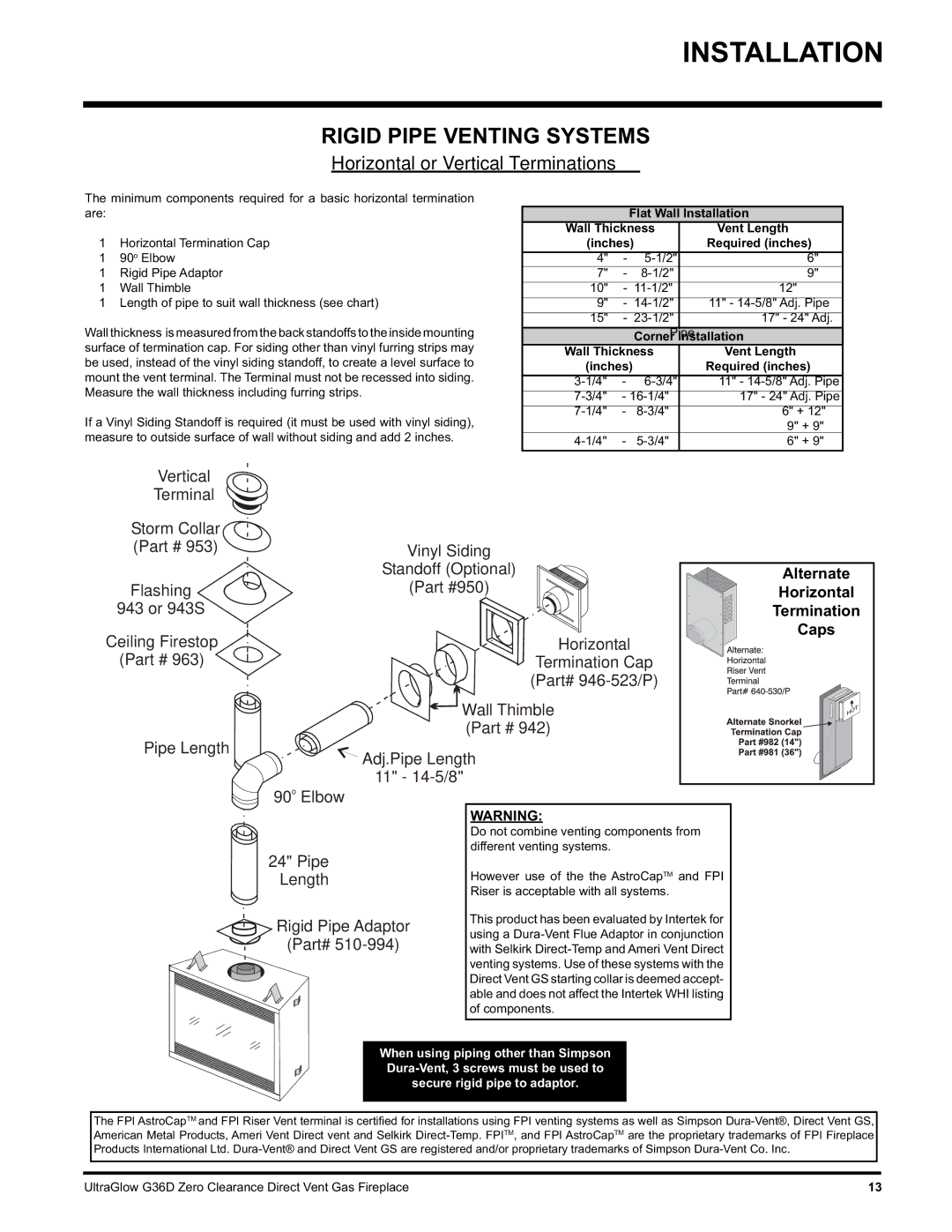 Regency G36D-NG NATURAL GAS, G36D-LP PROPANE installation manual Rigid Pipe Venting Systems, Alternate, Horizontal, Caps 