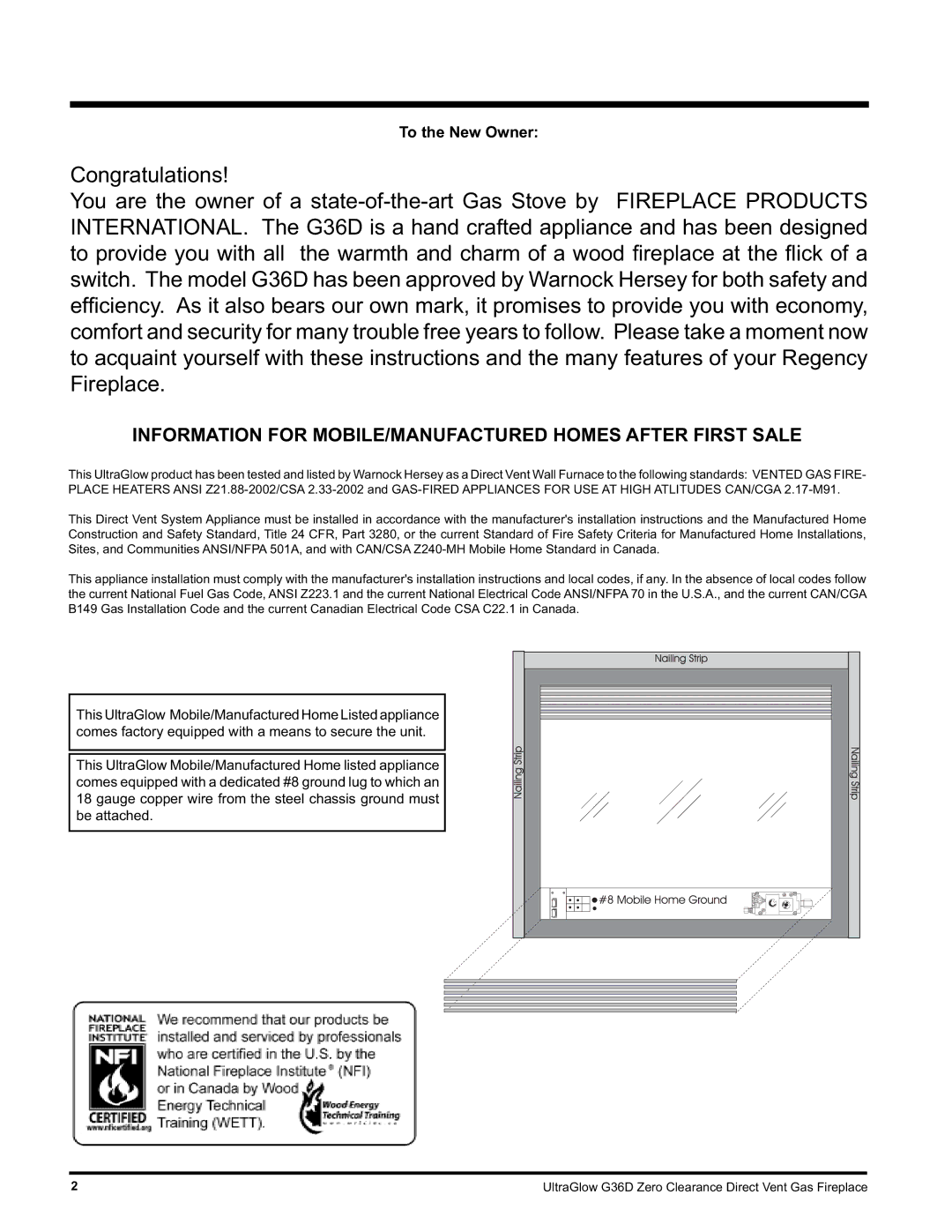 Regency G36D-LP PROPANE, G36D-NG NATURAL GAS Information for MOBILE/MANUFACTURED Homes After First Sale, To the New Owner 