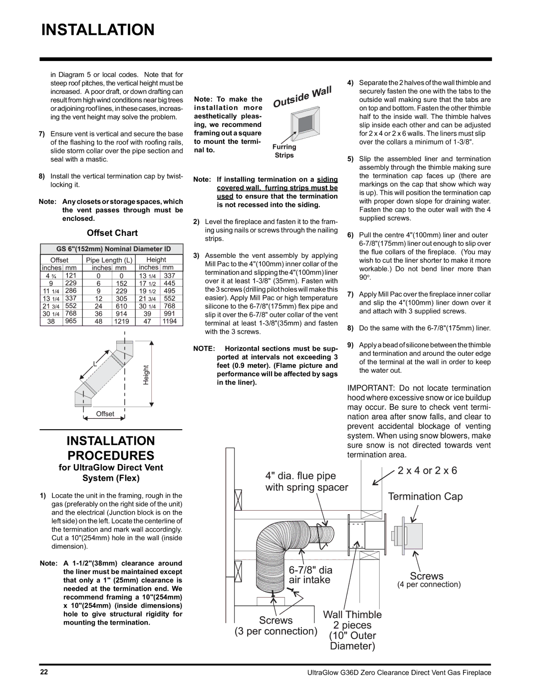 Regency G36D-LP PROPANE, G36D-NG NATURAL GAS Installation Procedures, Offset Chart, For UltraGlow Direct Vent System Flex 