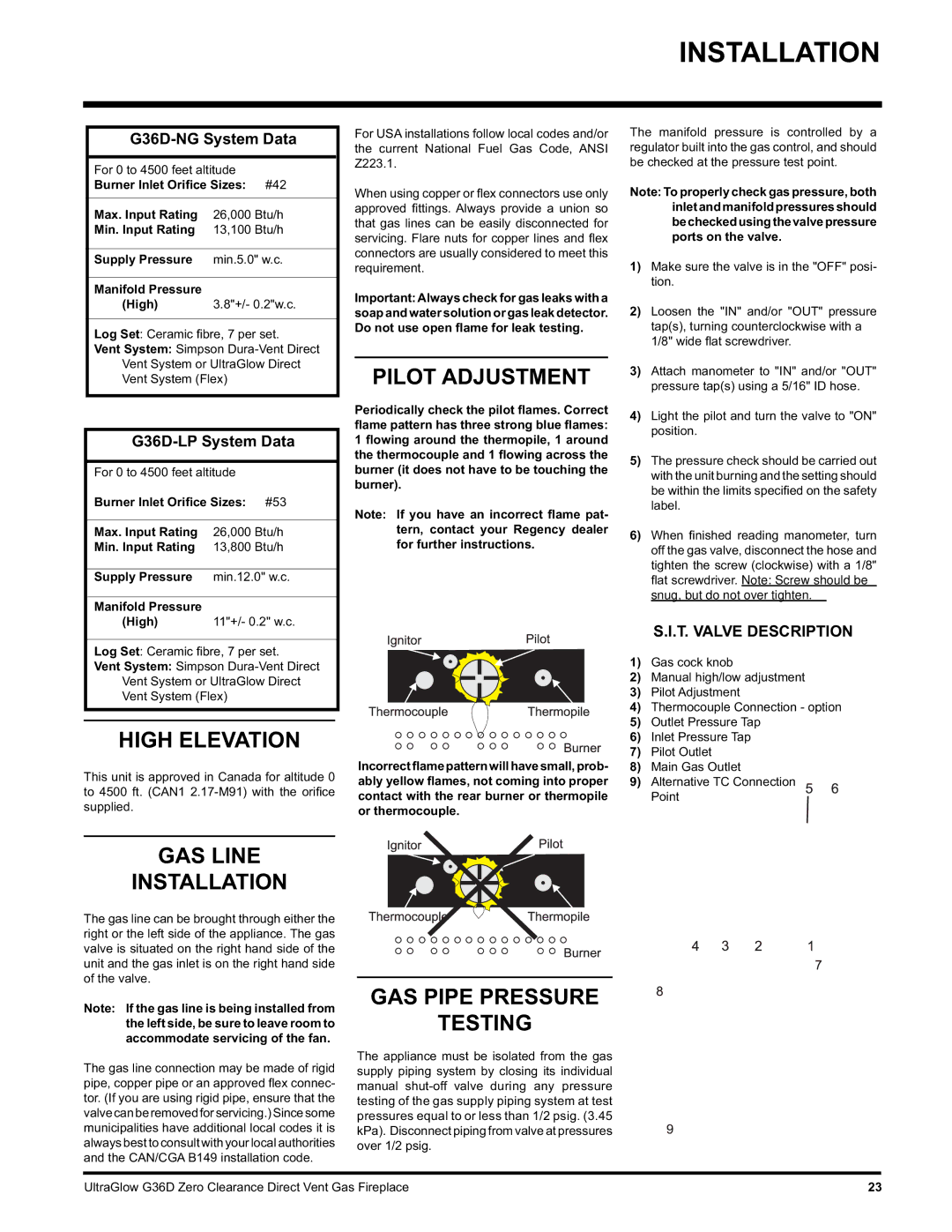 Regency G36D-NG NATURAL GAS Pilot Adjustment, High Elevation, GAS Line Installation, GAS Pipe Pressure Testing 