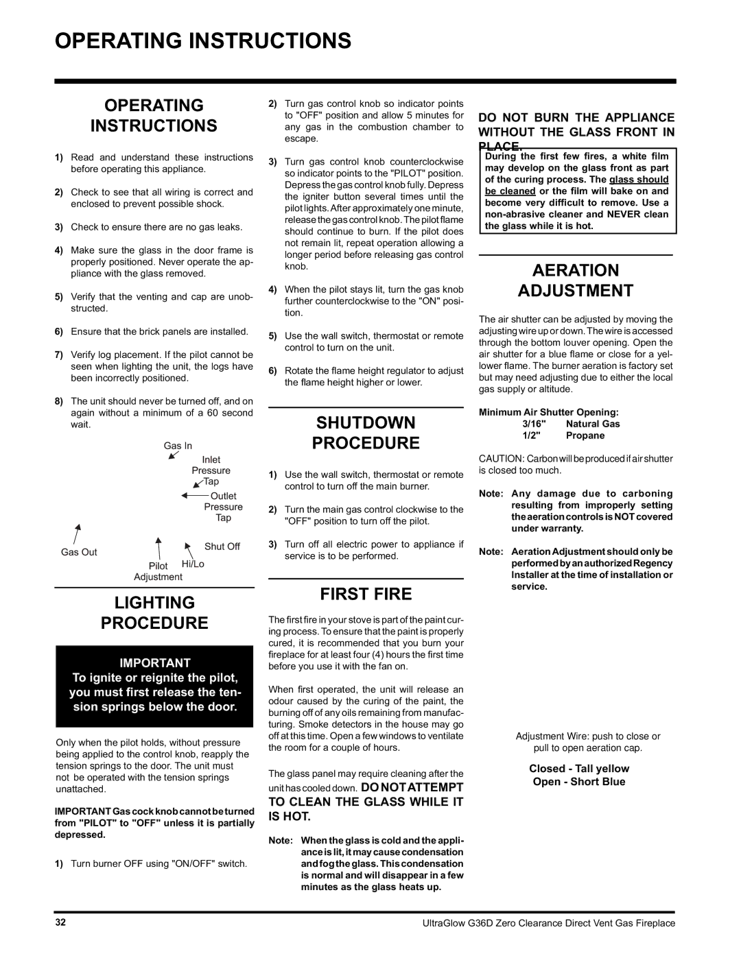 Regency G36D-LP PROPANE, G36D-NG NATURAL GAS installation manual Operating Instructions 