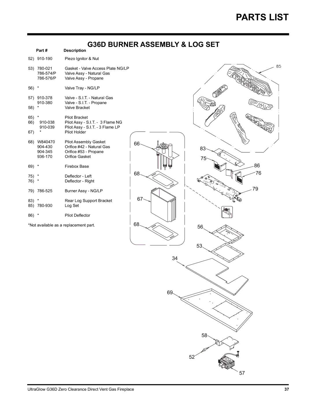 Regency G36D-NG NATURAL GAS, G36D-LP PROPANE installation manual G36D Burner Assembly & LOG SET 