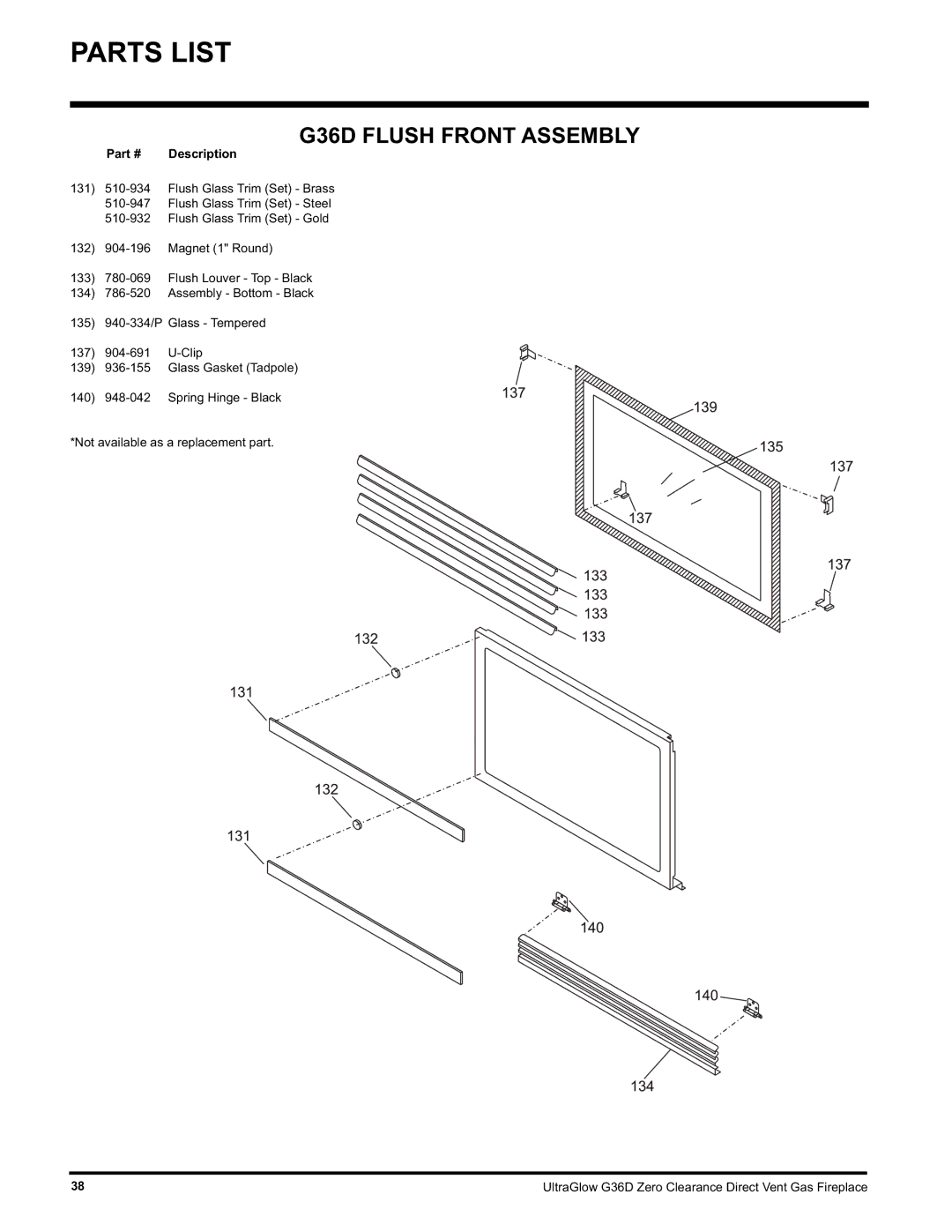 Regency G36D-LP PROPANE, G36D-NG NATURAL GAS installation manual G36D Flush Front Assembly 