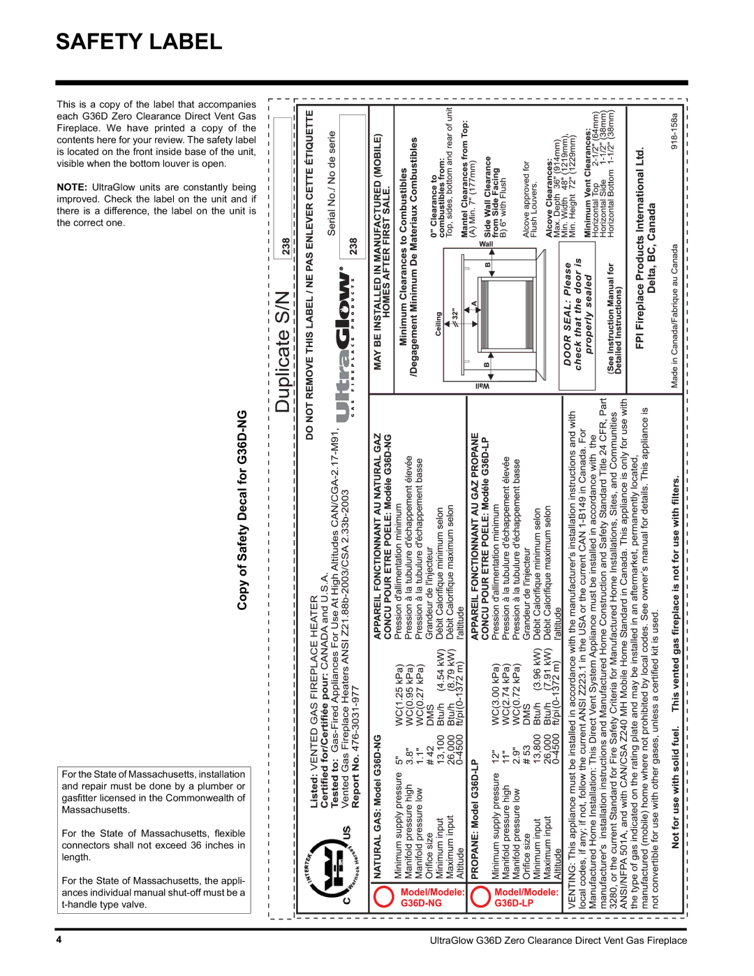 Regency G36D-LP PROPANE, G36D-NG NATURAL GAS installation manual Safety Label, Copy of Safety Decal for G36D-NG 