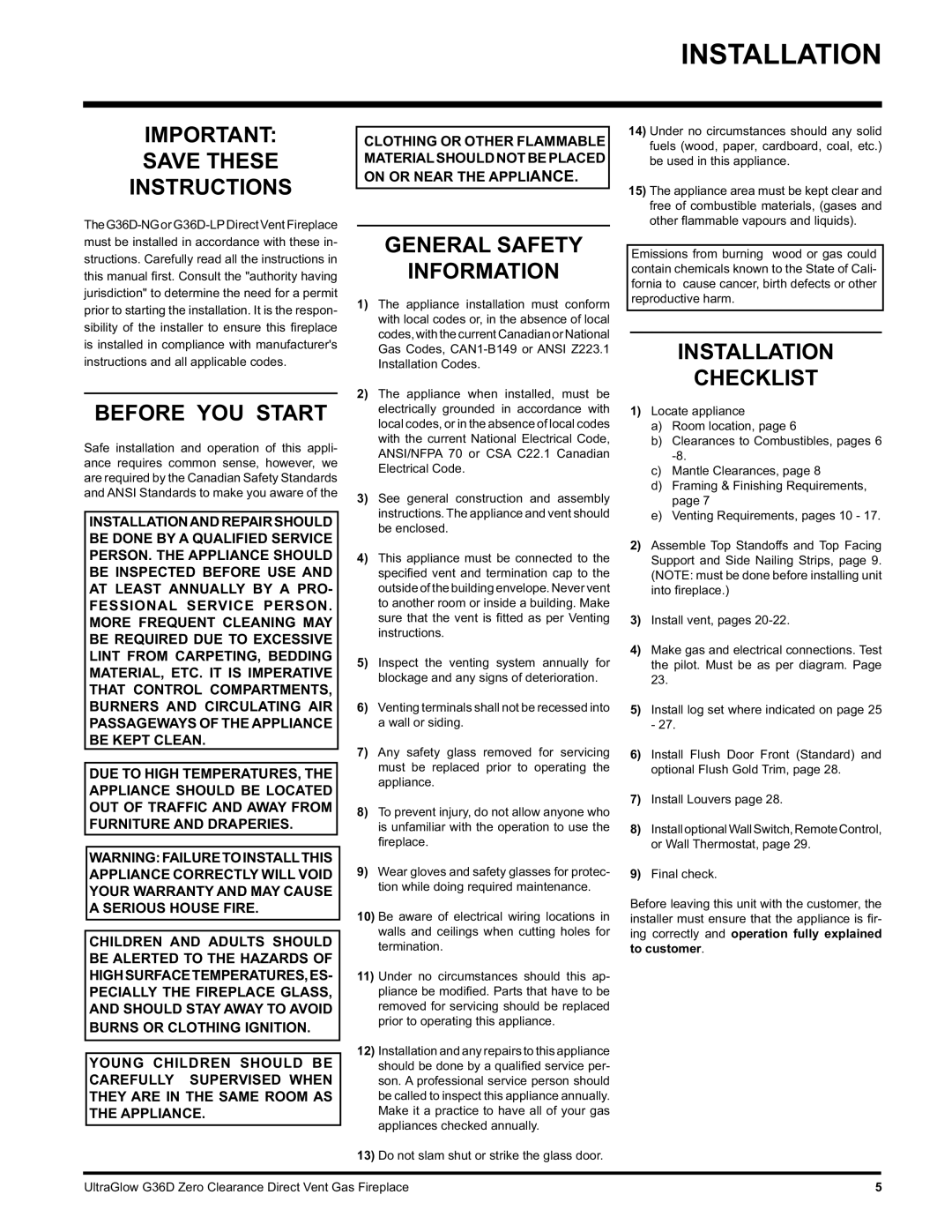 Regency G36D-NG NATURAL GAS Installation, Save These Instructions, Before YOU Start, General Safety Information 