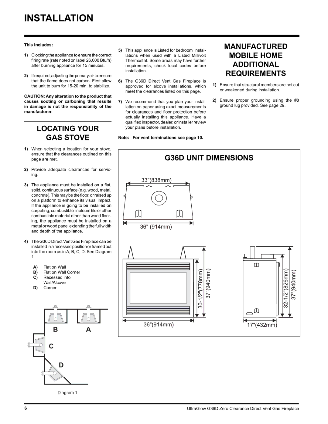 Regency G36D-LP PROPANE Locating Your GAS Stove, Manufactured Mobile Home Additional Requirements, This includes 