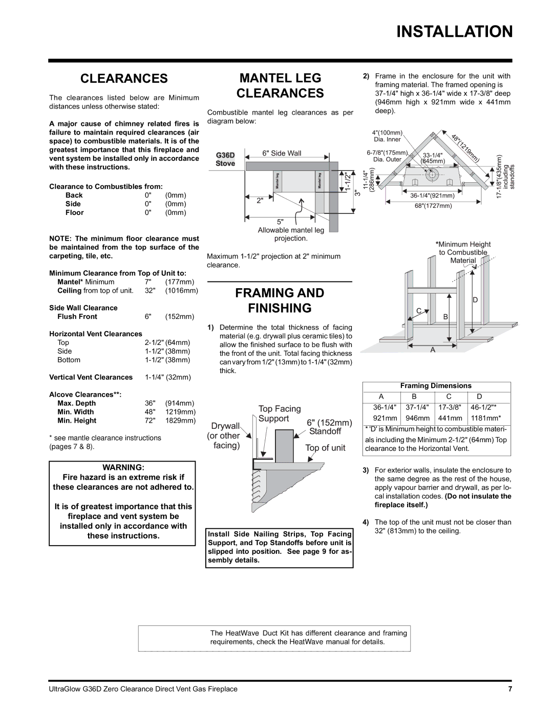 Regency G36D-NG NATURAL GAS, G36D-LP PROPANE installation manual Mantel LEG Clearances, Framing Finishing 