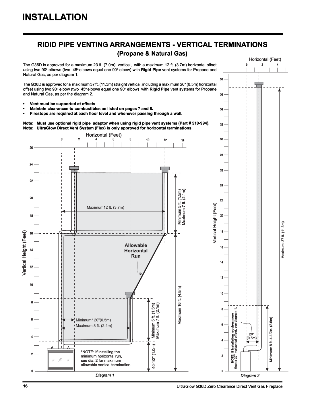 Regency G36D-LP PROPANE installation manual Installation, Propane & Natural Gas, Vent must be supported at offsets, Diagram 