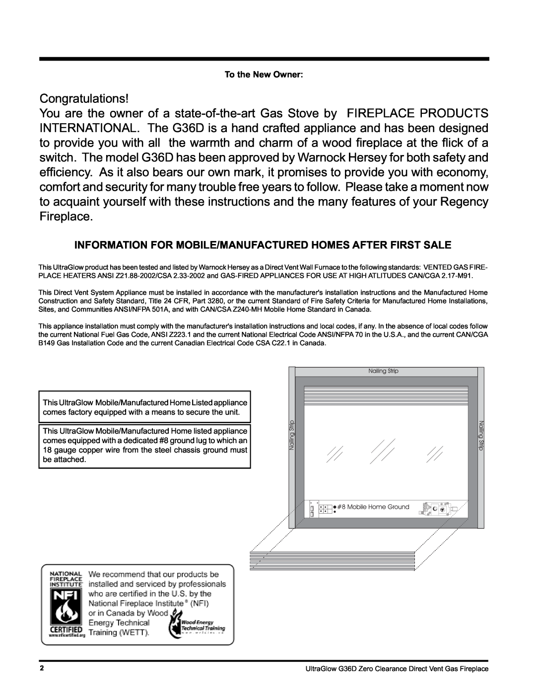 Regency G36D-LP PROPANE, G36D-NG NATURAL GAS installation manual Congratulations, To the New Owner 
